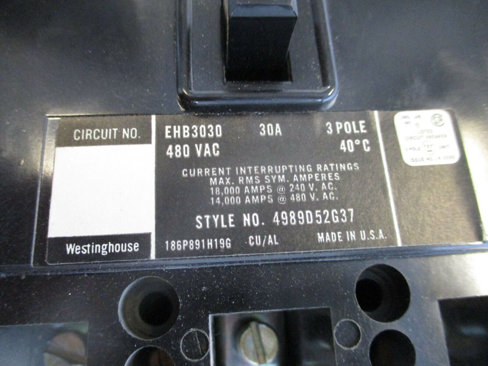 Westinghouse Circuit Breaker EHB3030 30A 480V 3P Used