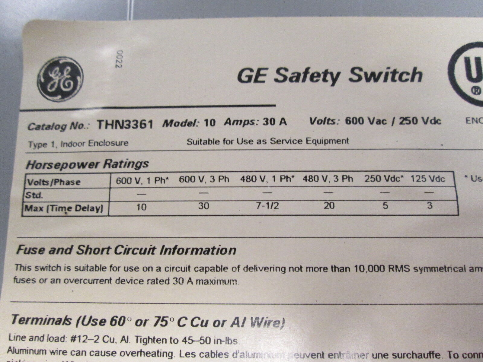 GE Non-Fusible Safety Switch THN3361 Mod 10 30A 600V Used