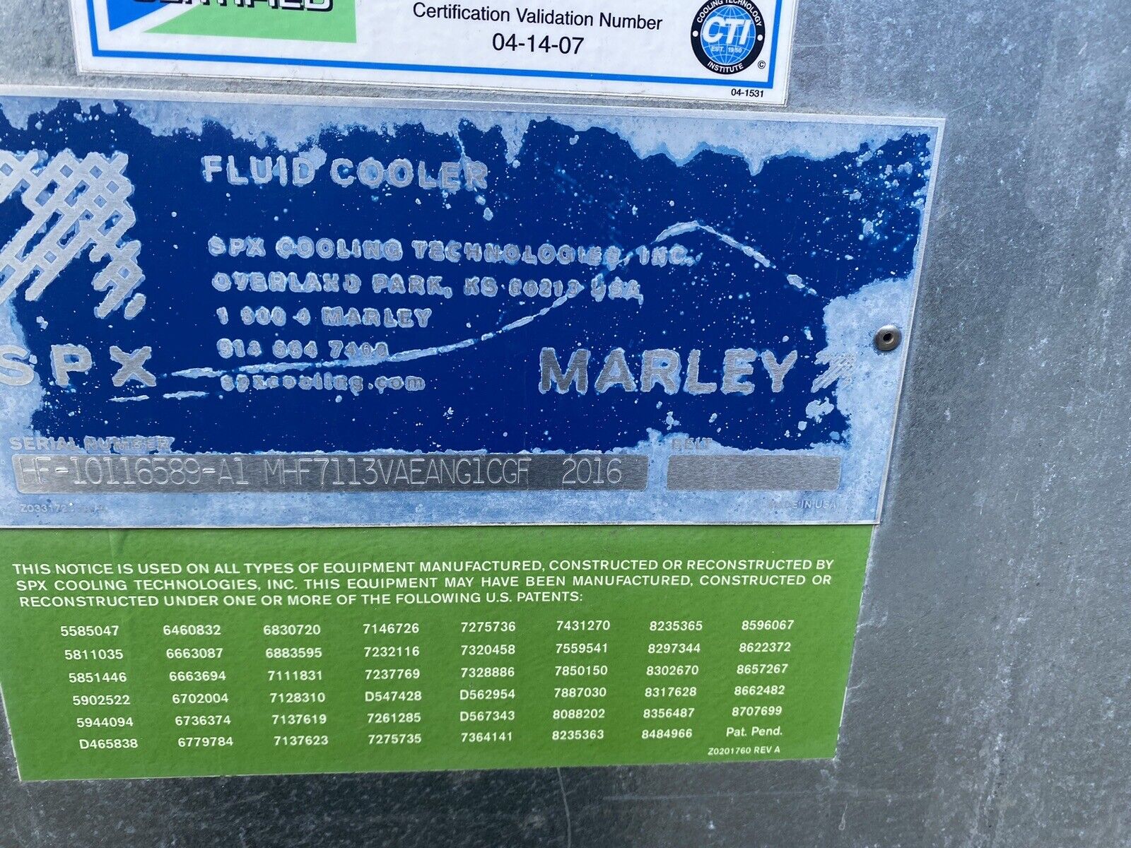 Marley MHF Fluid Cooler / Cooling Tower MHF7113 450 Ton MFD 2016 Used