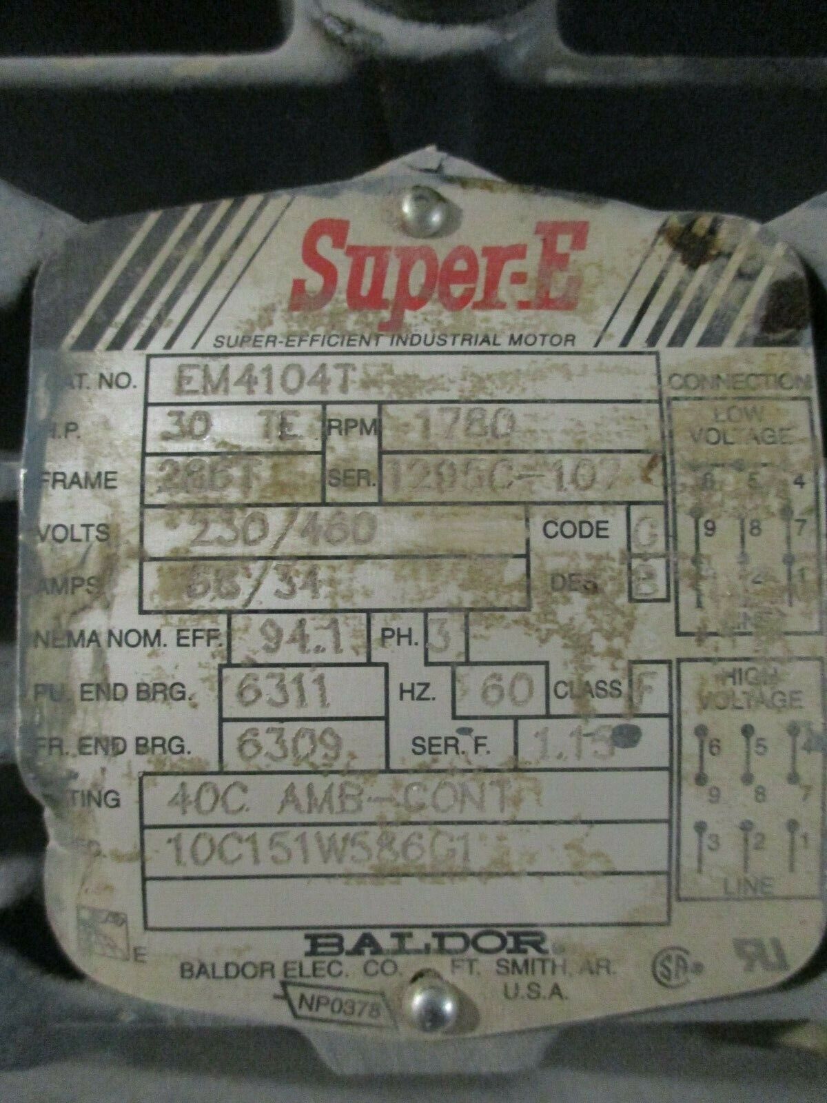 Baldor Super-E AC Motor EM4104T 30HP 1800RPM 230/460V 68/34A 3PH 60Hz Used