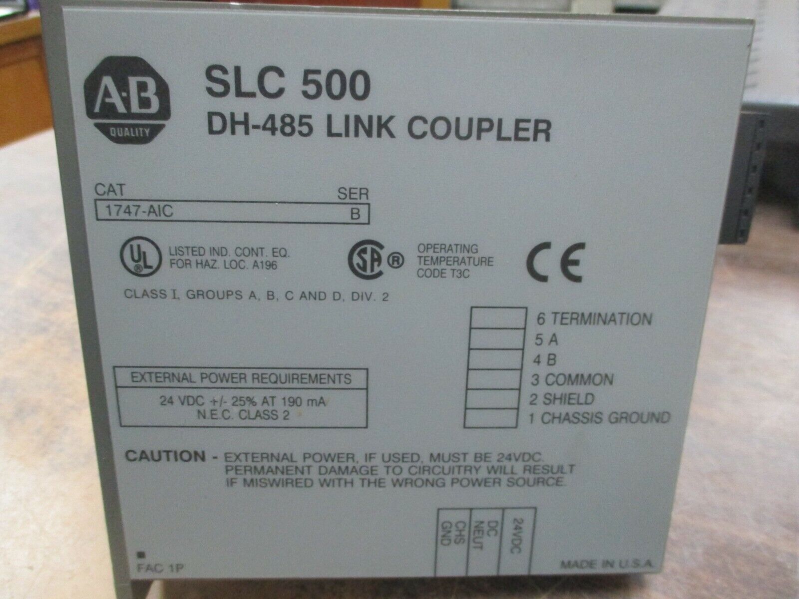 Allen-Bradley SLC 500 DH-485 Link Coupler  1747-AIC  Ser. B  24VDC  190mA  Used