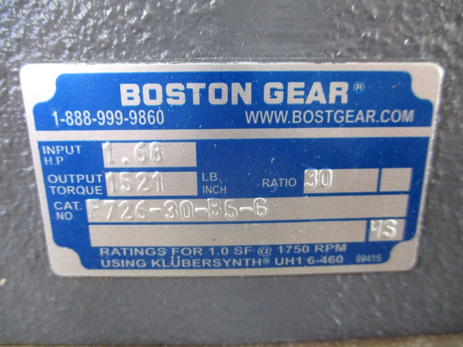 Boston Gear Reducer F726-30-B5-G Ratio 30:1 1.68HP 1521 LB-In Torque Out