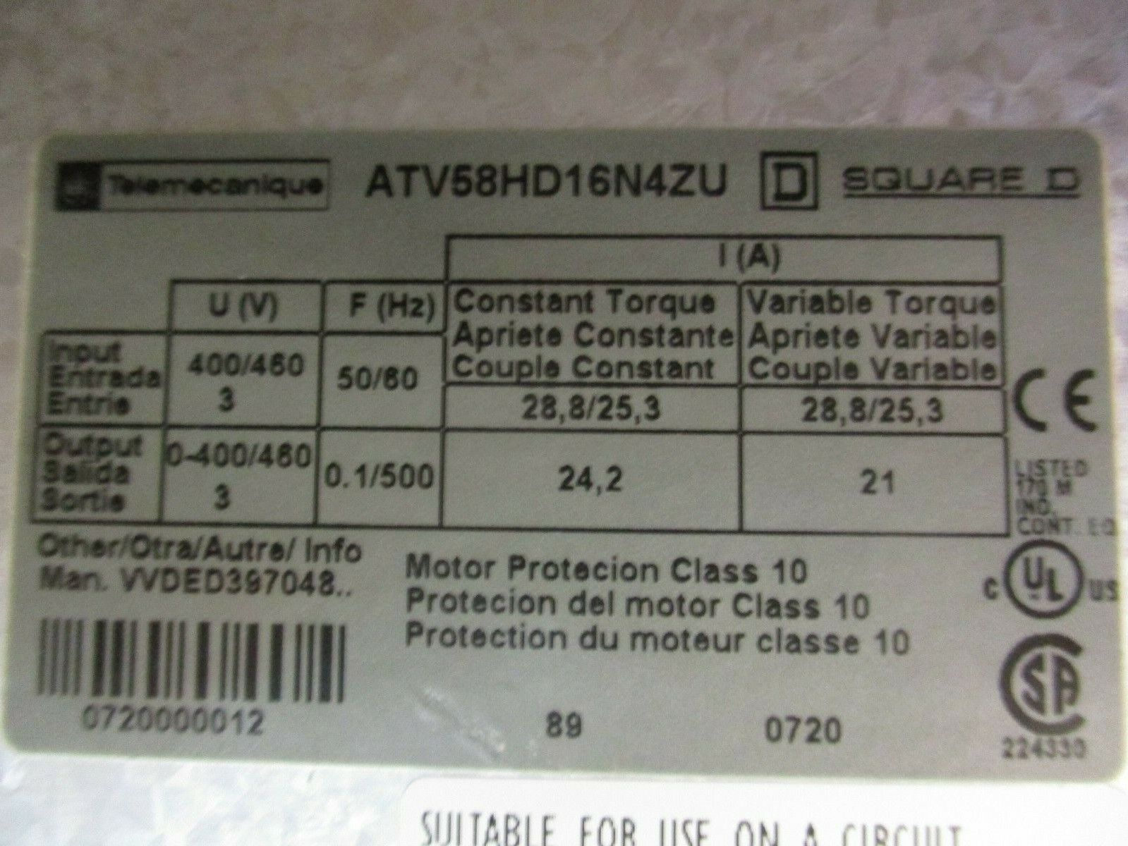 Square D Altivar 58 AC Drive ATV58HD16N4ZU 15HP *No Keypad* Used