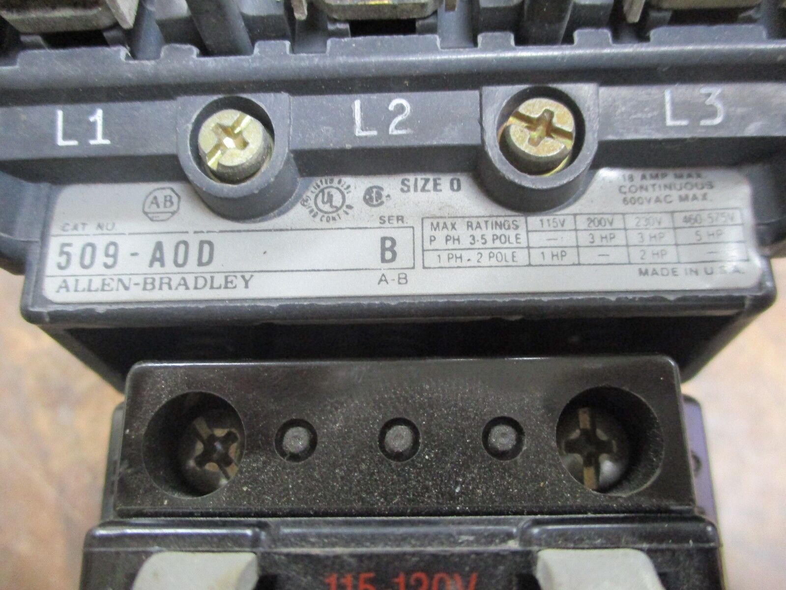 Allen-Bradley Starter 509-AOD 115-120V Coil Size 0 600V Used