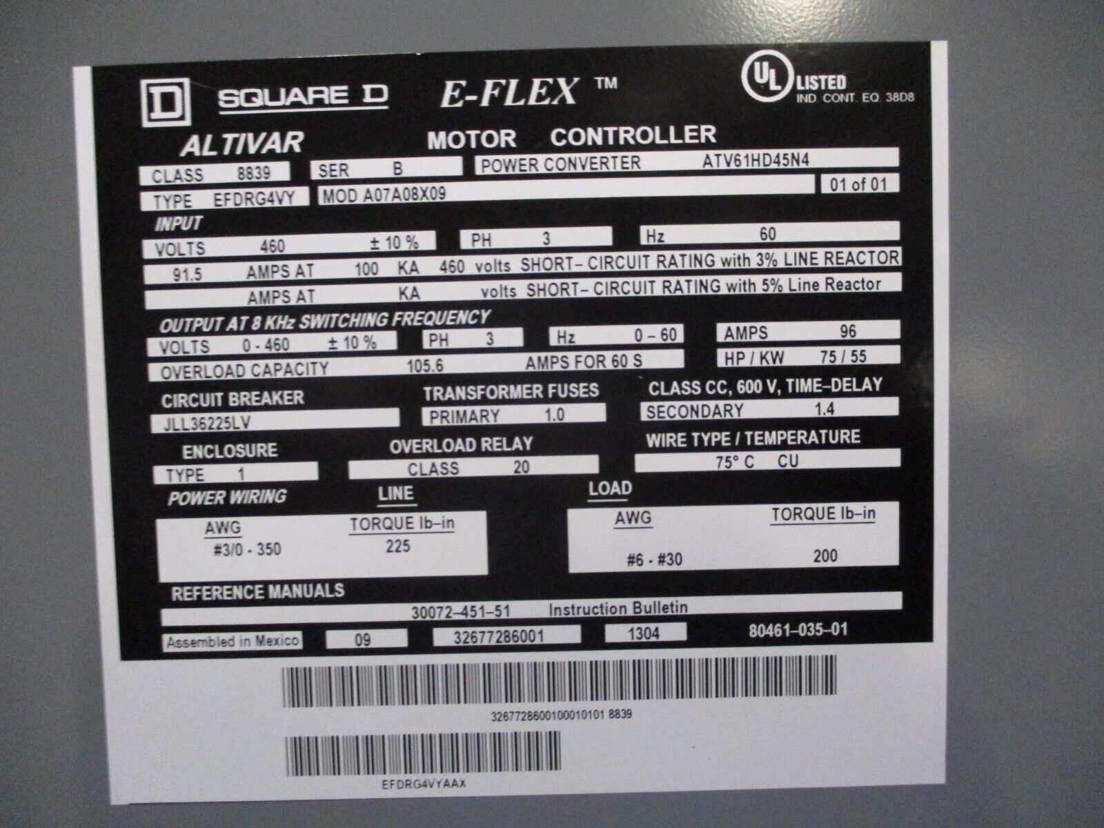 Square D E-Flex Altivar AC Drive w/ Bypass 8839 EFDRG4VY Ser. B 75HP 3Ph Used