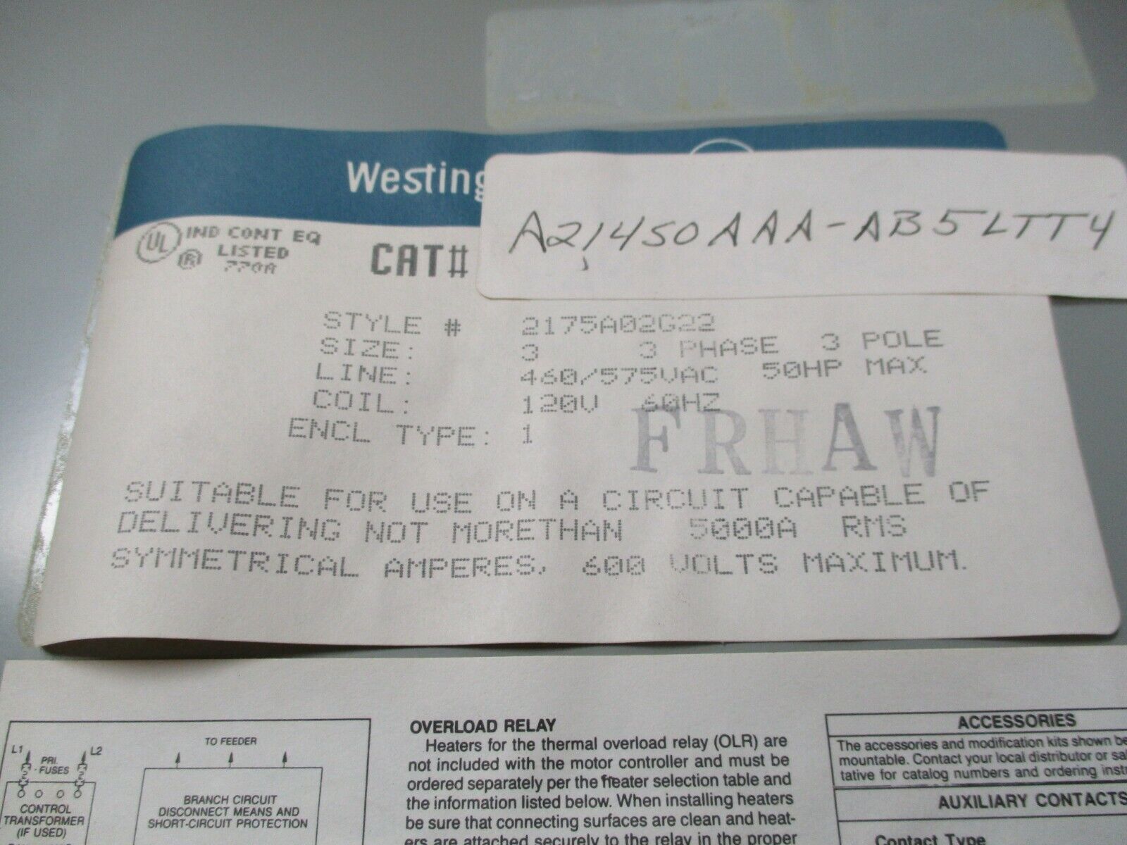 Westinghouse Fusible Size 0 Double Combination A21450AAA-AB5LTT4 19A 600V Used