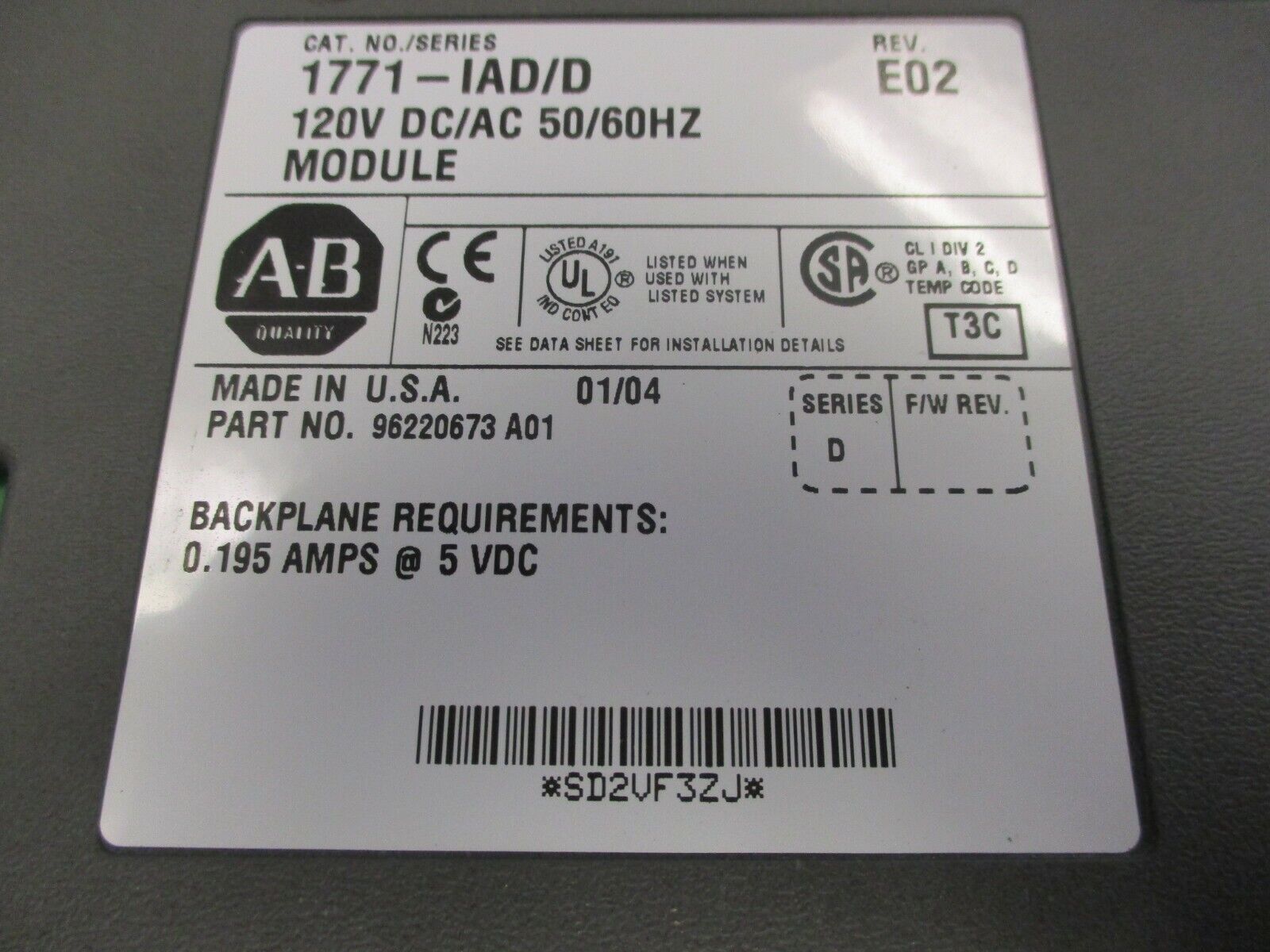 Allen-Bradley AC/DC Input Module 1771-IAD/D Rev. E02 Ser. D 120V Used