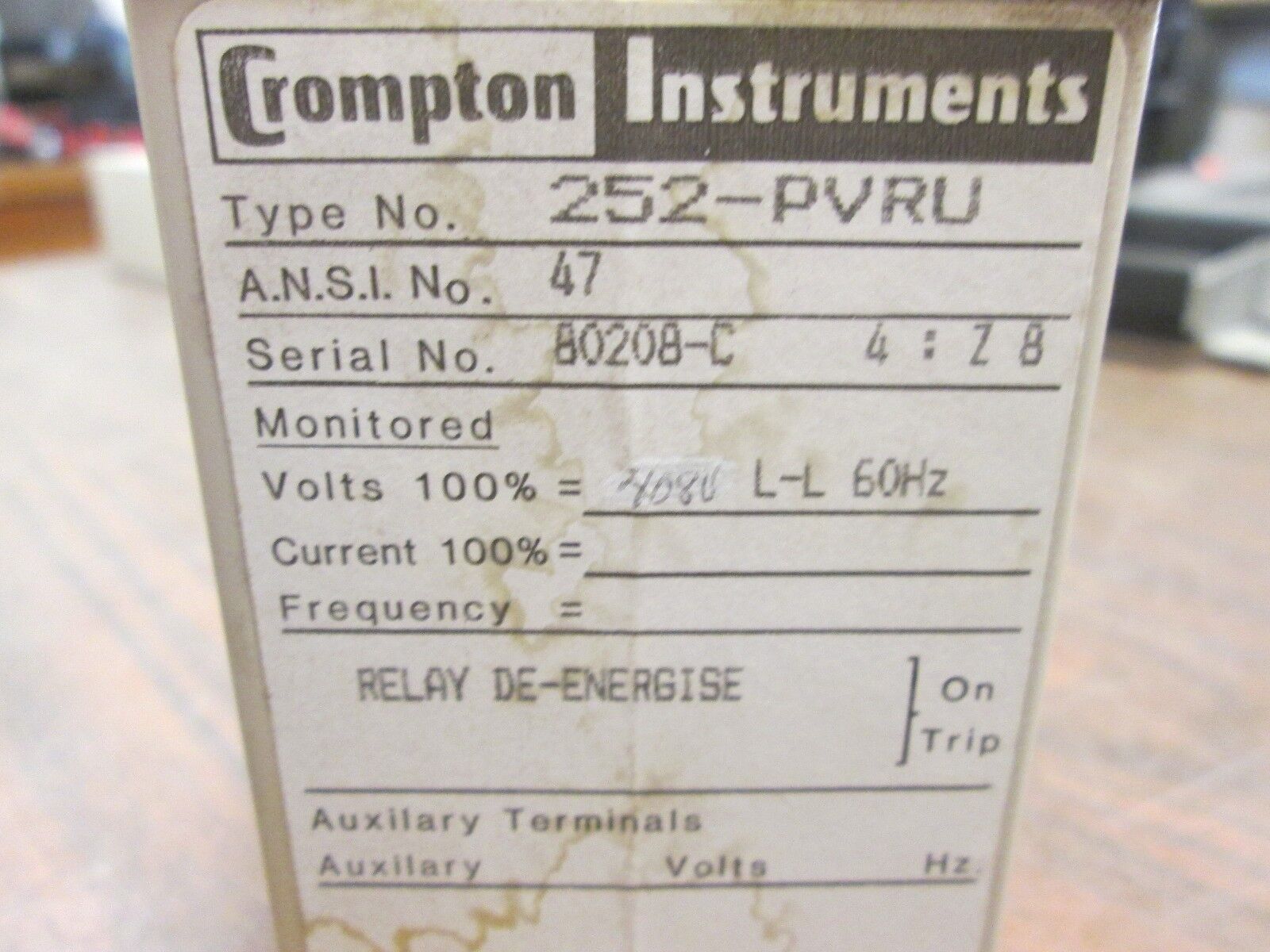 Crompton Relay 252-PVRV 408V L-L 60Hz Used