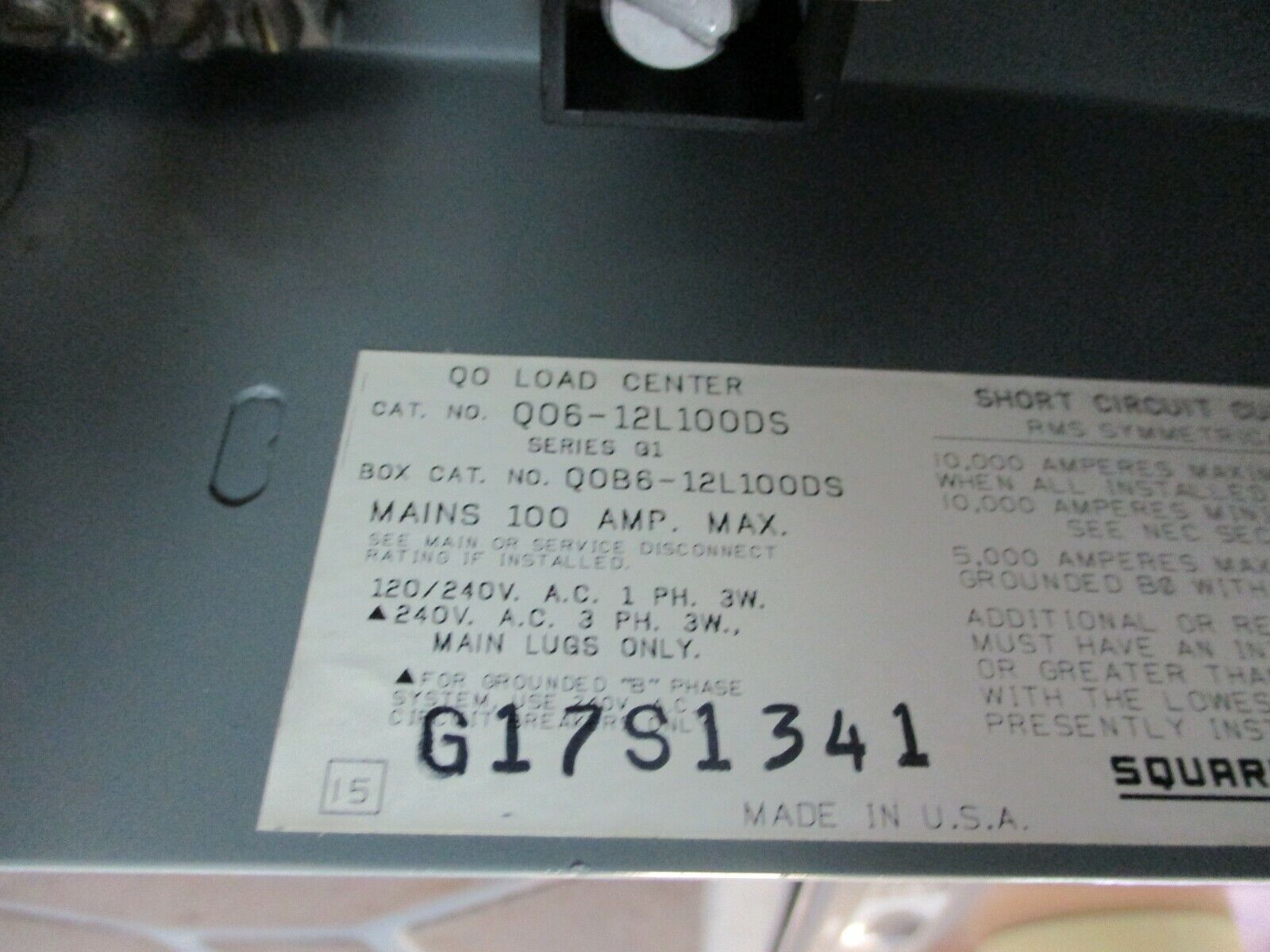 Square D QO Load Center QO6-12L100D 100A 120/240V Breakers: 1 50A 2P, 4 20A 1P