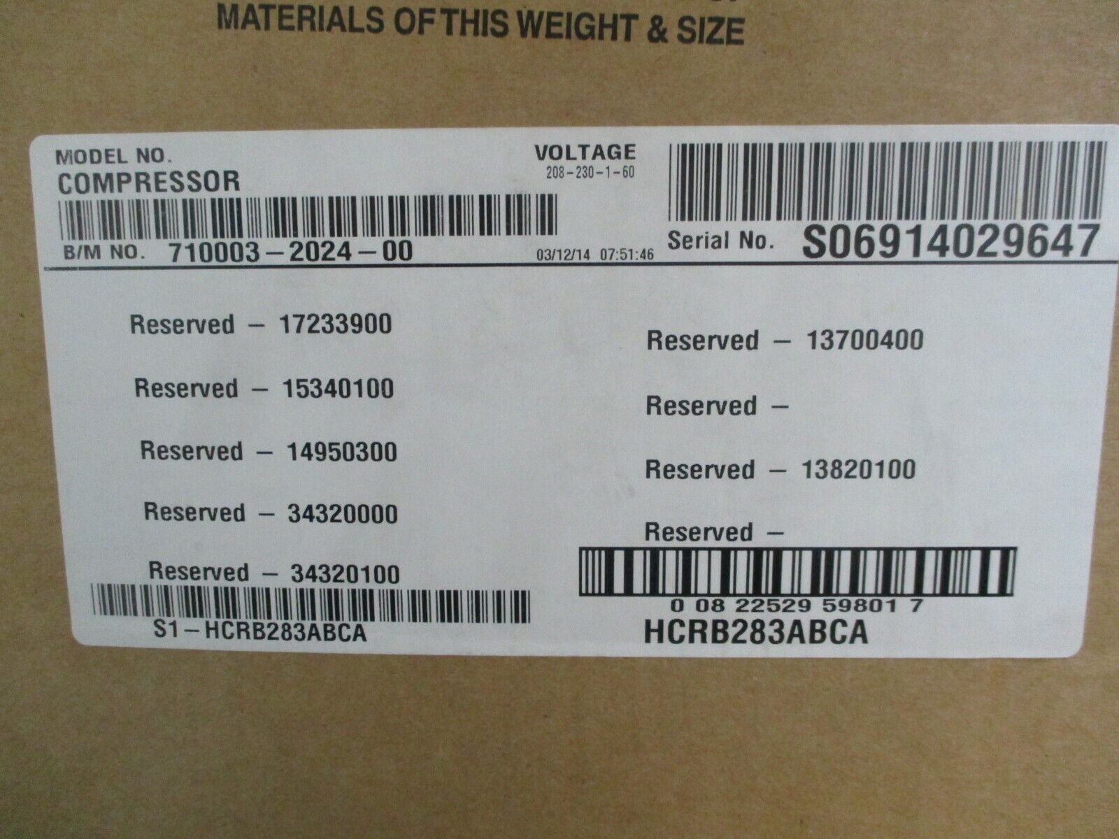 Bristol Compressor 710003-2024-00 Model #: HCRB283ABCA 208-230V 60Hz 1Ph