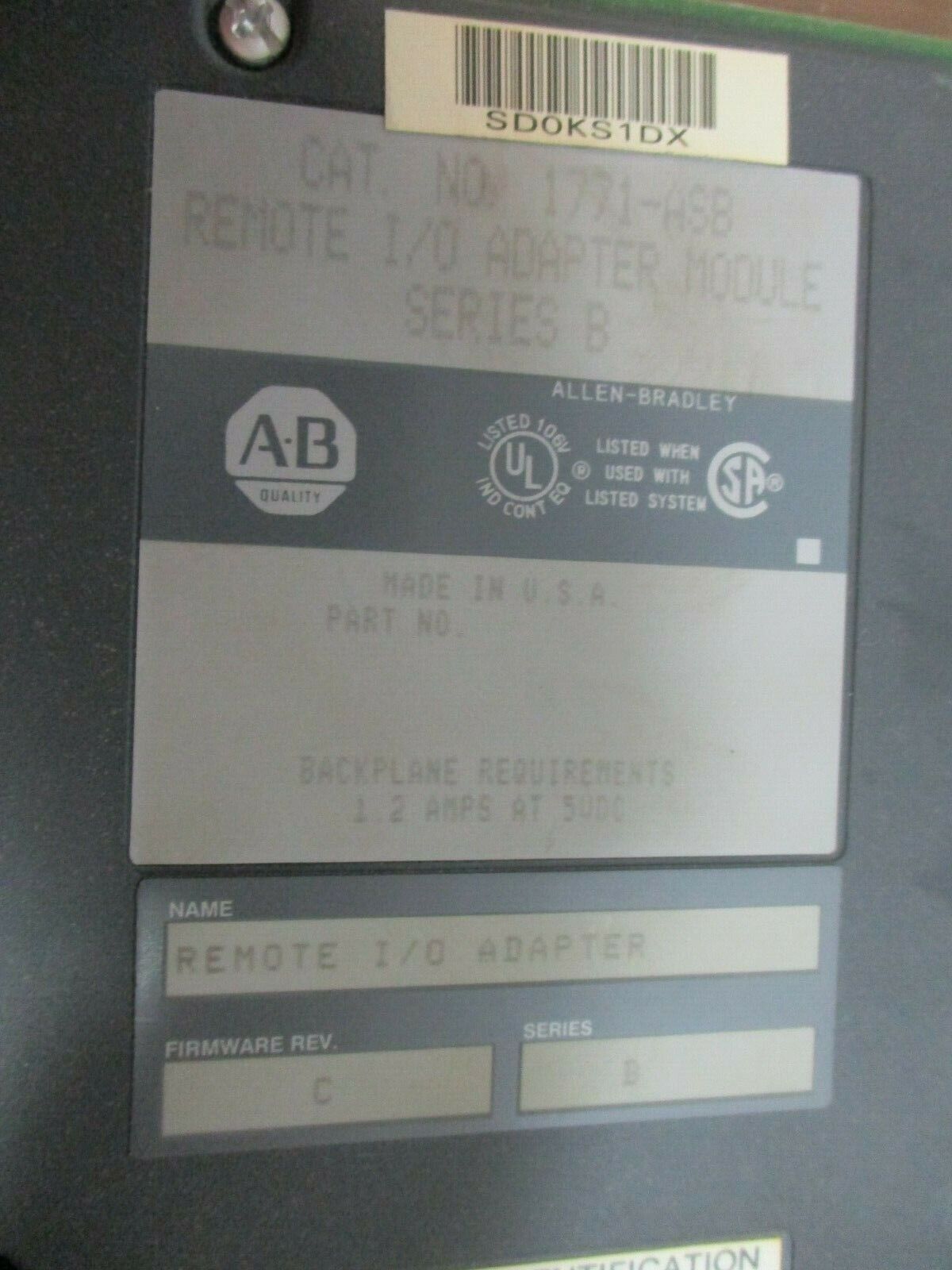 Allen-Bradley Remote I/O Adapter Module 1771-ASB Ser. B F/W Rev: C Used