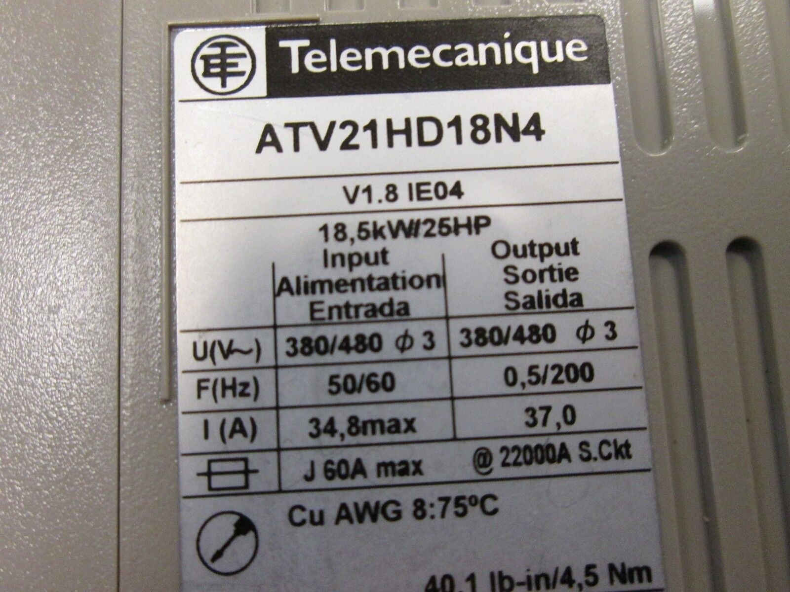 Telemecanique Altivar 21 Speed Controller ATV21HD18N4 25HP Used