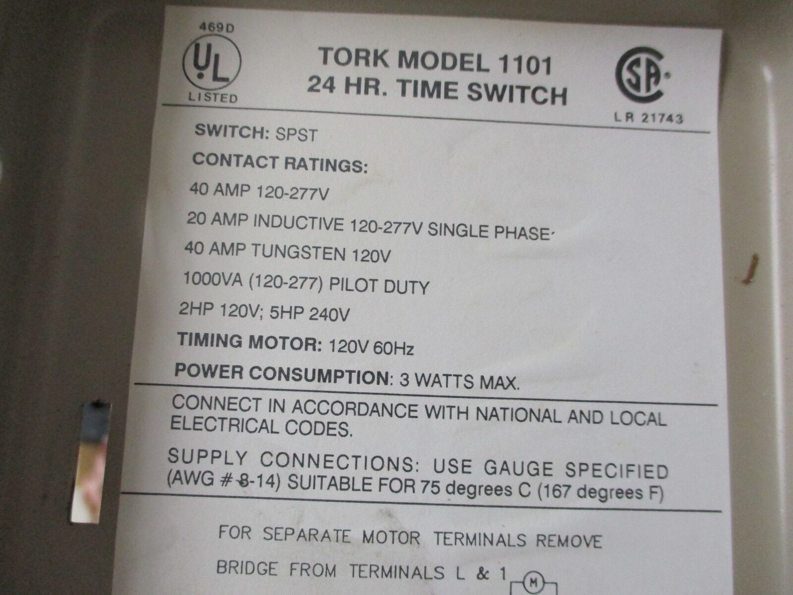 Tork 24Hr Time Switch 1101 120V 60Hz Used