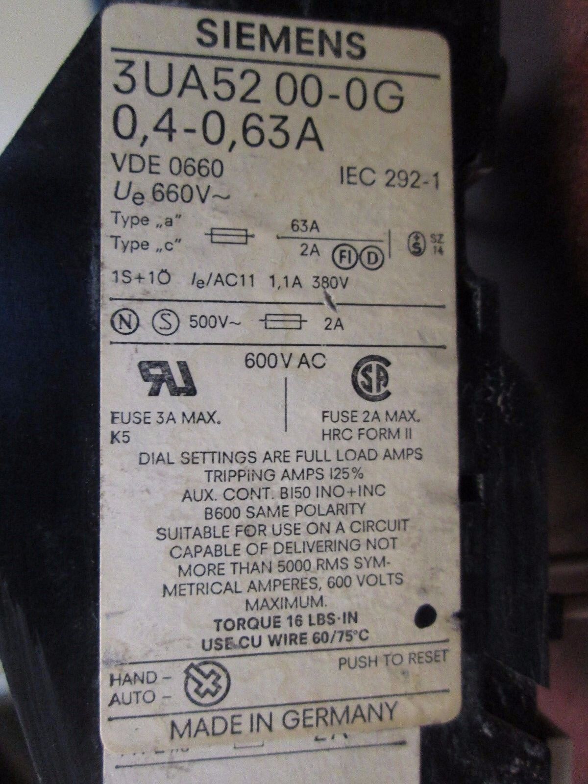Siemens Solid State Overload 3UA52 00-0G 0,4-0,63A Range: 0.4-0.63A Used