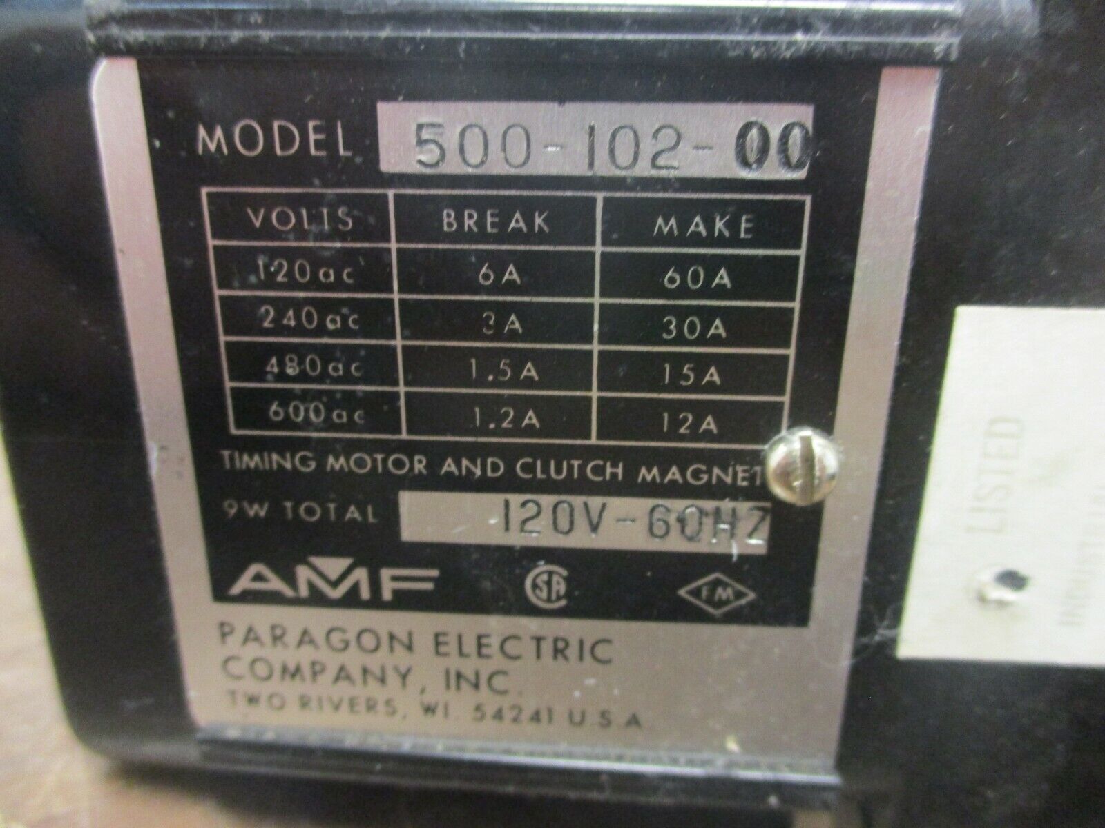 Paragon Timing Motor & Clutch Magnet 500-102-00 9W 120V 60Hz Used