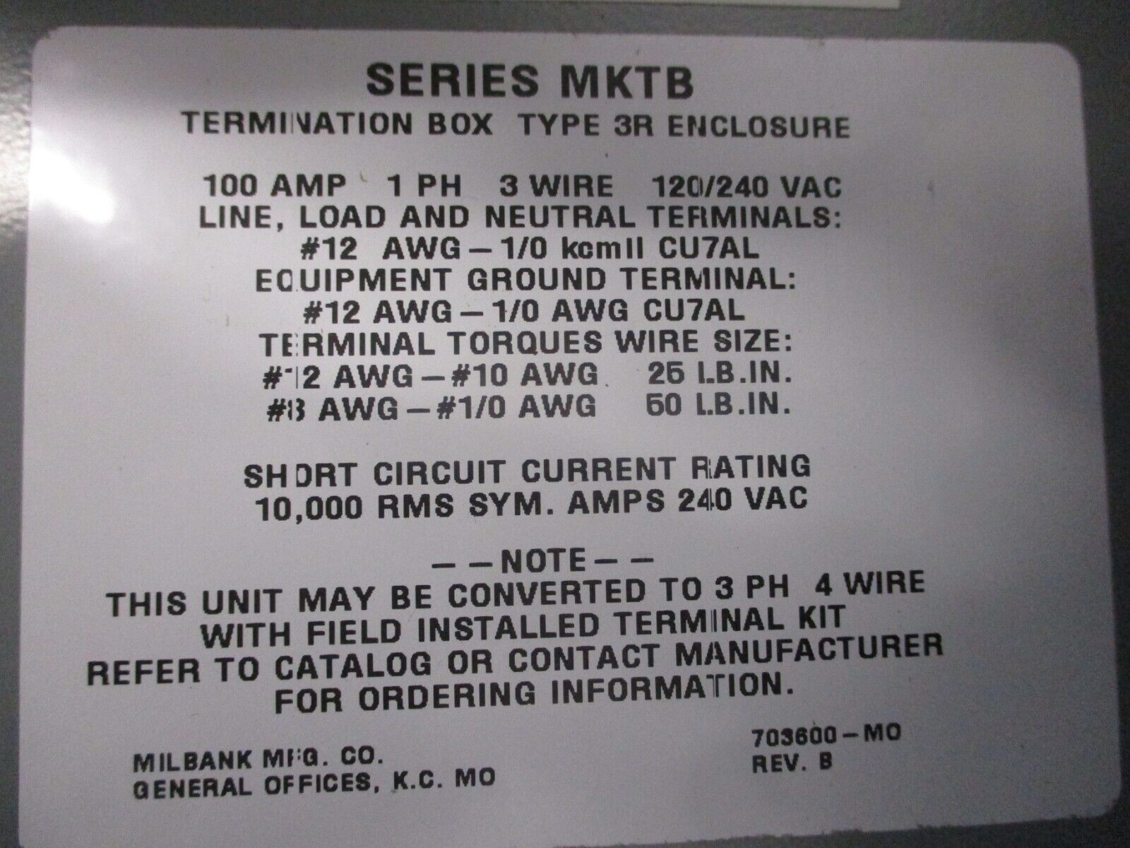 Milbank 3R Termination Box MKTB 100A 1Ph 3W 120/240V *No Box* New Surplus