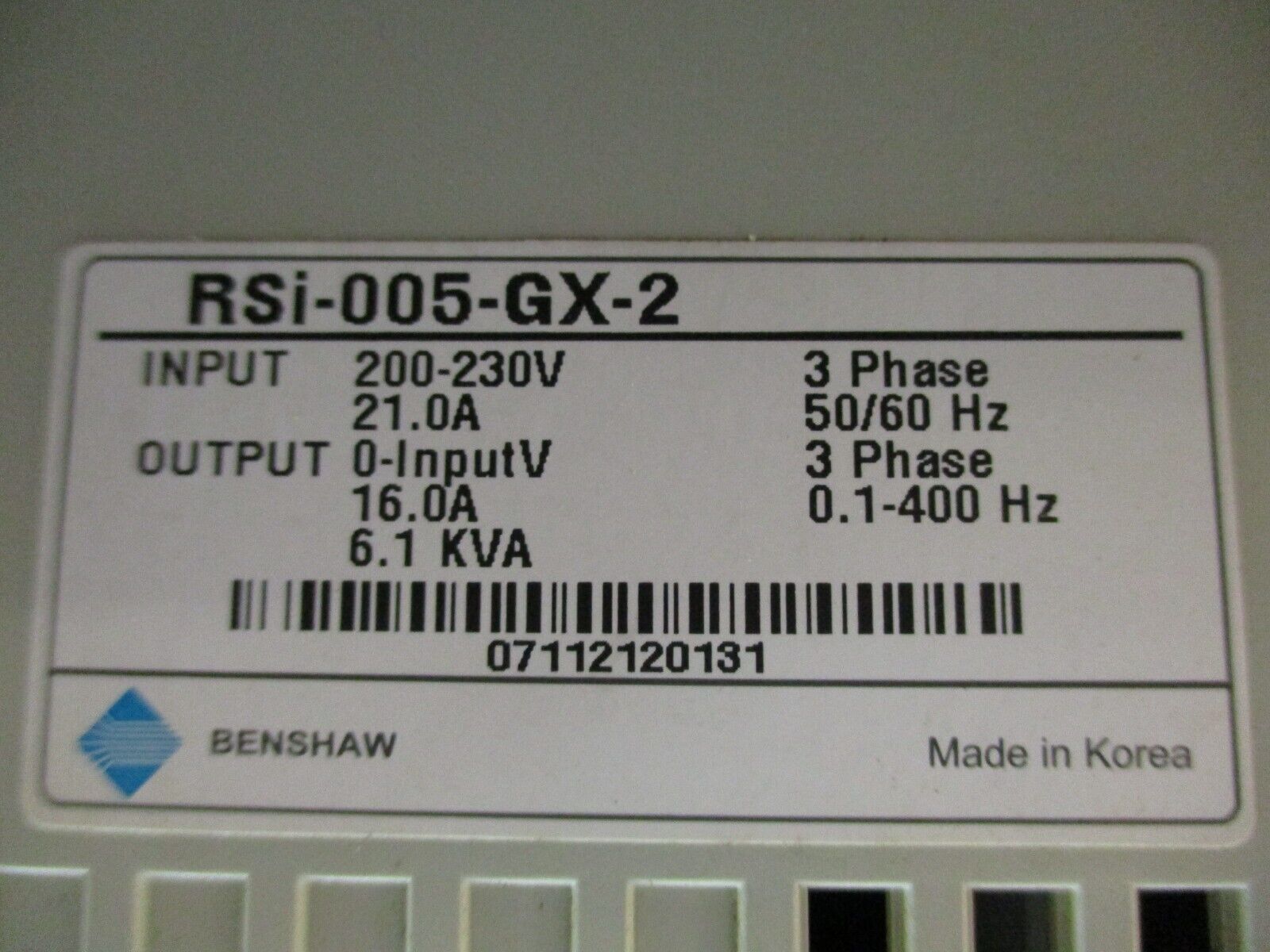 Benshaw RSi GX Series AC Drive RSi-005-GX-2 5HP 3Ph Used