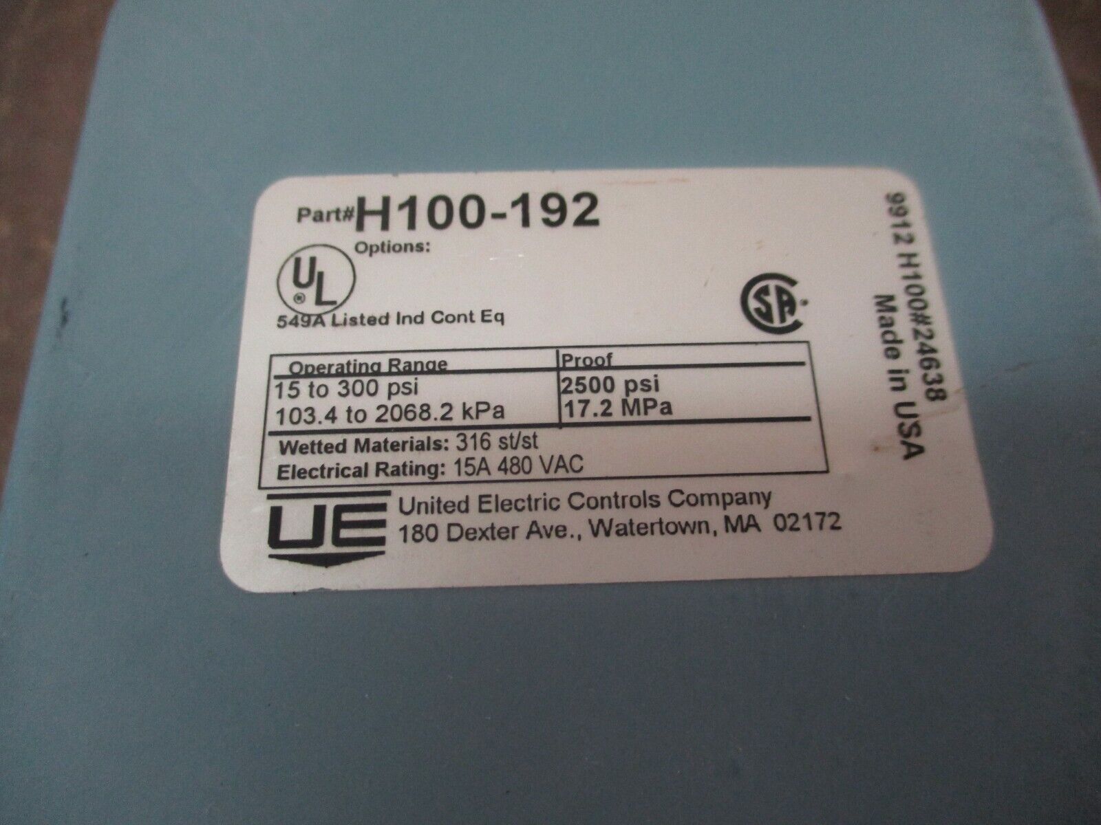 United Electric Pressure Switch H100-192 Range: 15-300PSI 15A 480VAC Used