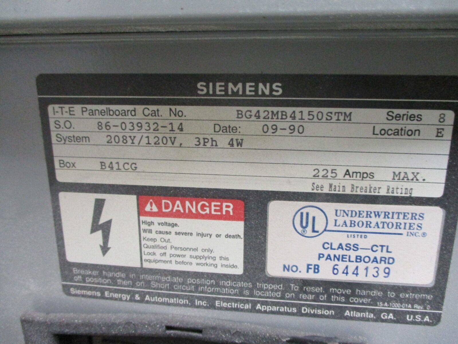 Siemens Main Breaker Circuit Breaker Panel BG42MB4150STM 150A Main 42-Slot Used