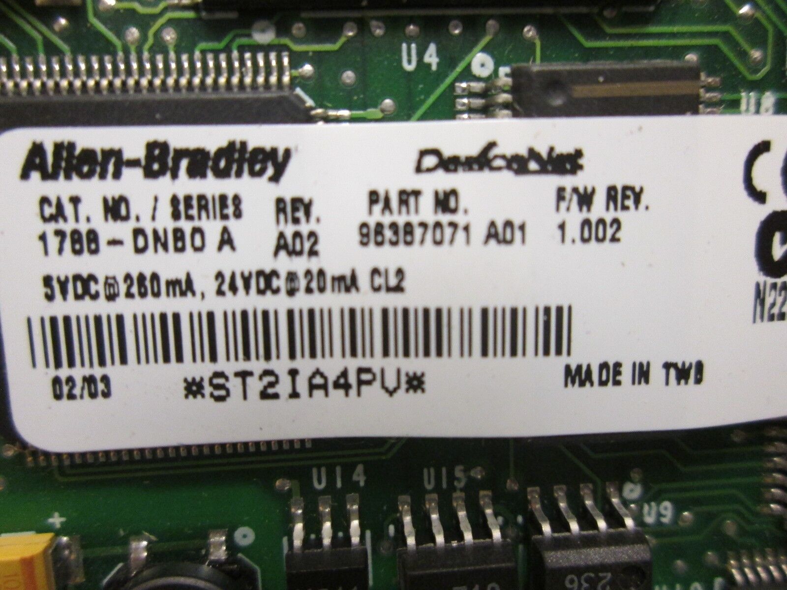 Allen-Bradley DeviceNet Card 1788-DNBOA Rev A02 F/W Rev. 1002 Used