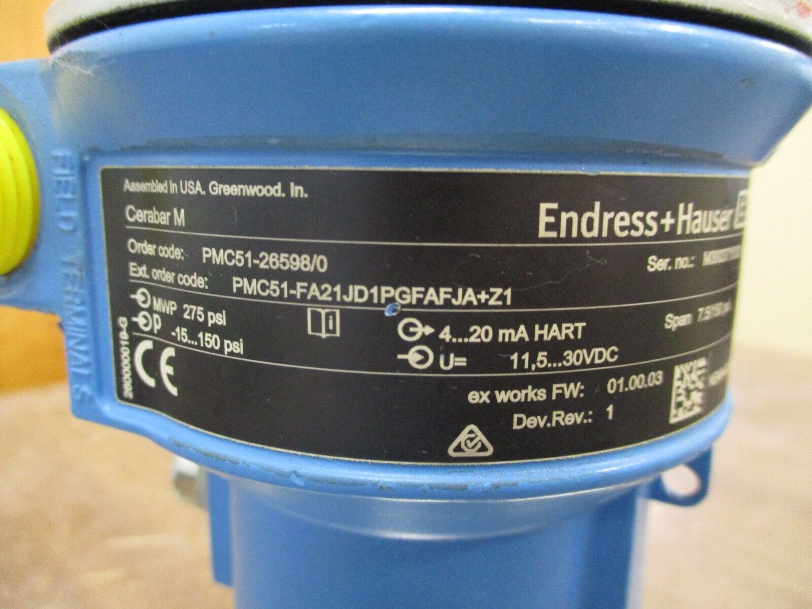 Endress + Hauser Cerabar M Pressure Transmitter PMC51-26598/0 Rev. 1 Used