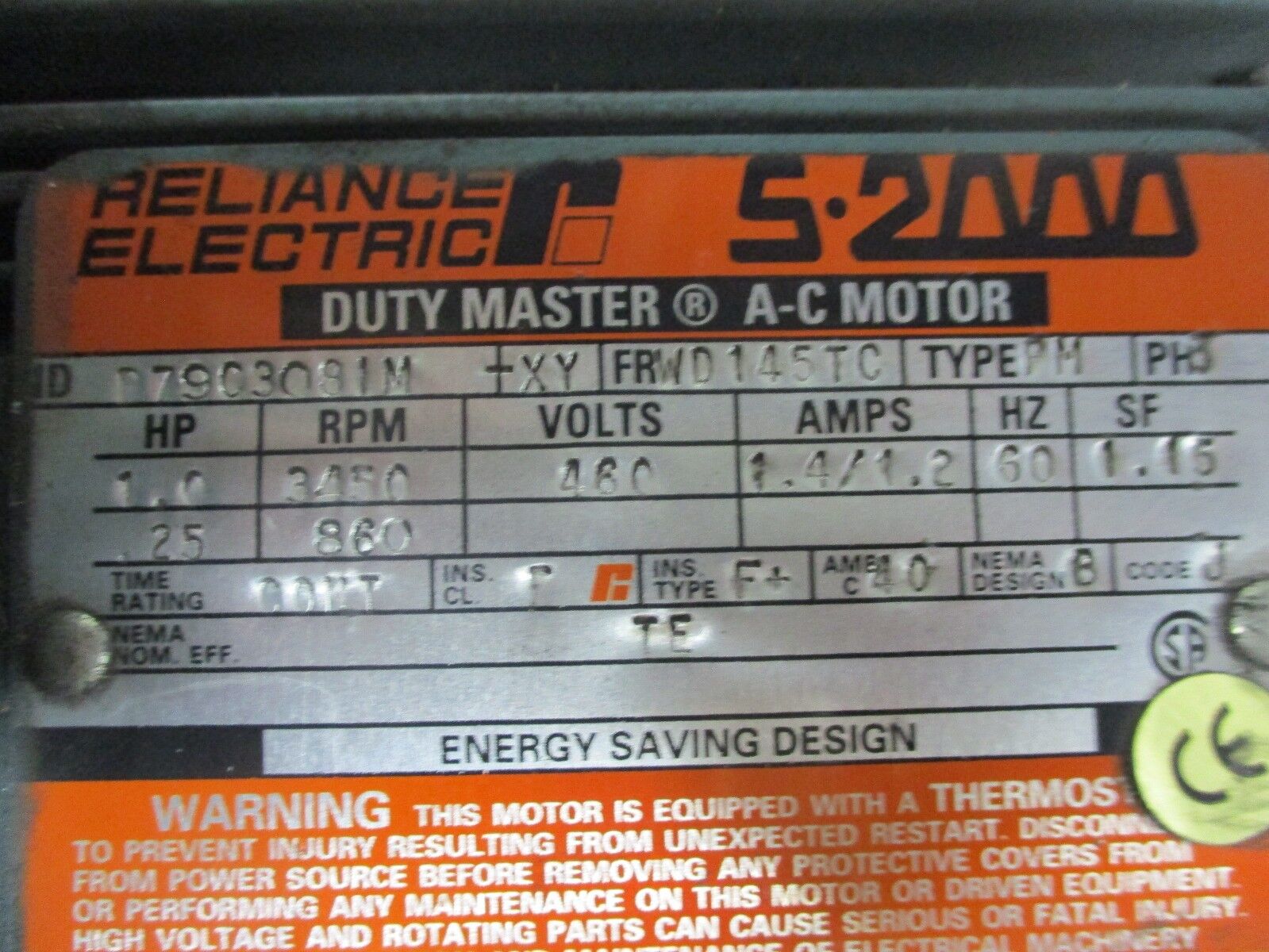 Reliance Duty Master AC Motor B79C3081M-XY 1.0HP 3500RPM FR:WD145TC 460V Used
