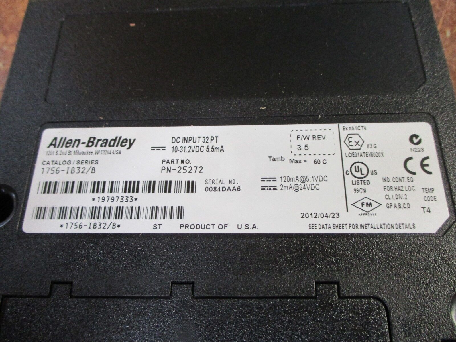 Allen-Bradley DC Output Module 1756-IB32/B F/W Rev.: 3.5 32-PT 10-31.2VDC 5.5mA