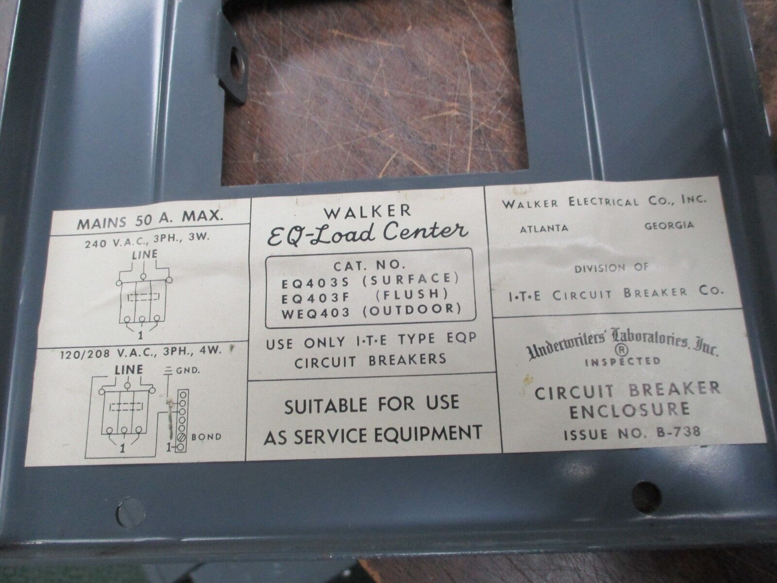 ITE EQ Load Center Breaker Enclosure 100A For Type QP Breakers 120/240V Used