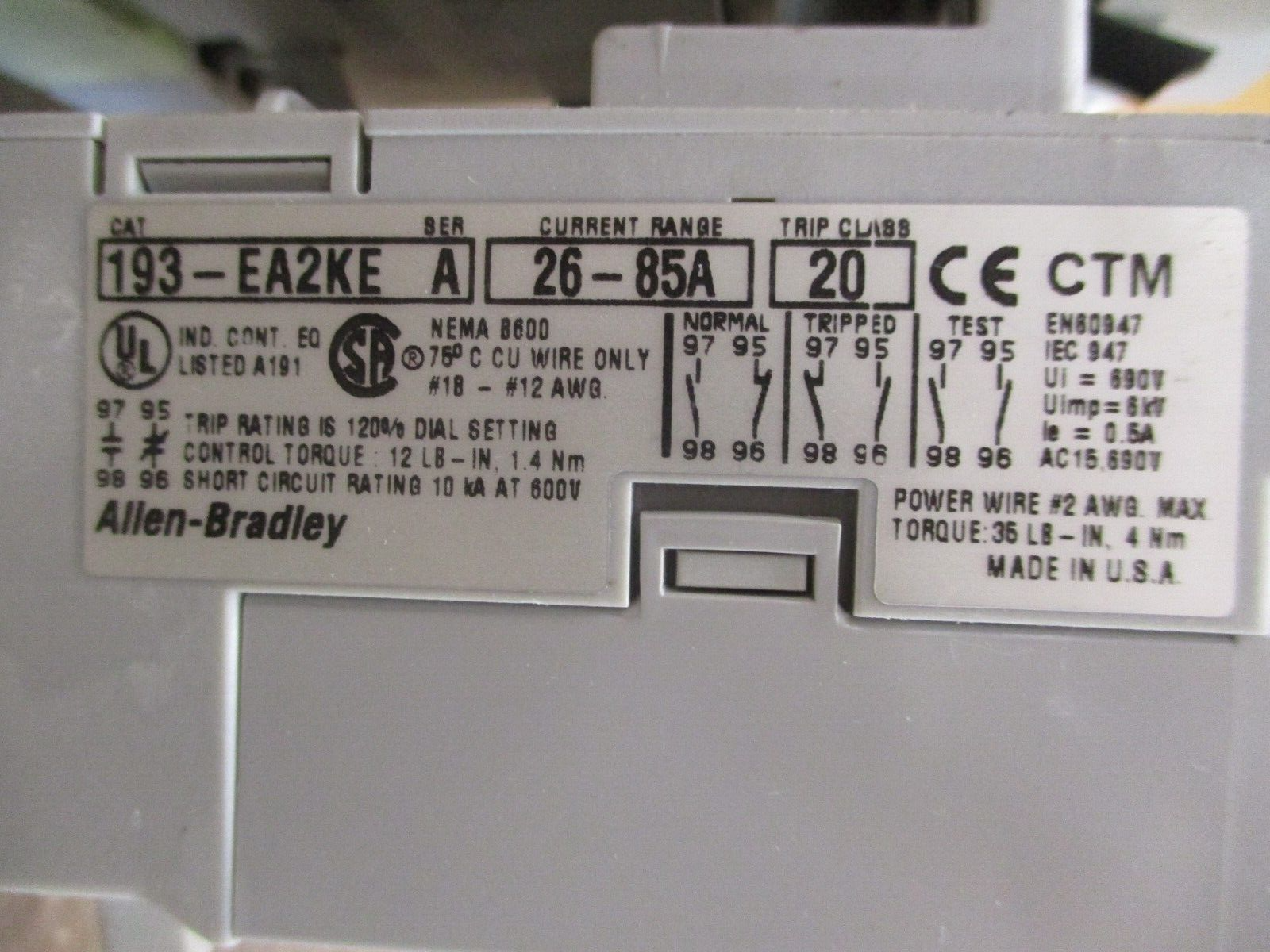Allen-Bradley Starter 100-C60*00/193-EA2KE 120V Coil Trip: 26-85A 600V Used