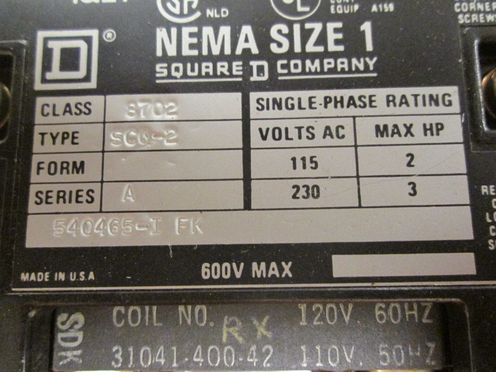 Square D Size 1 Reversing Contactor 8702 SC0-2 8702 SC0-2 120V Coil Used