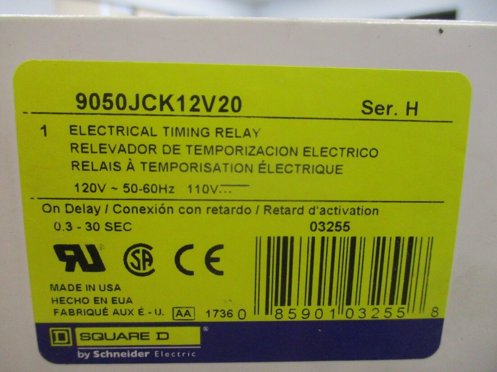 Square D Timing Relay 9050JCK12V20 Ser. H 120V On Delay ; 0.3-30 sec New Surplus