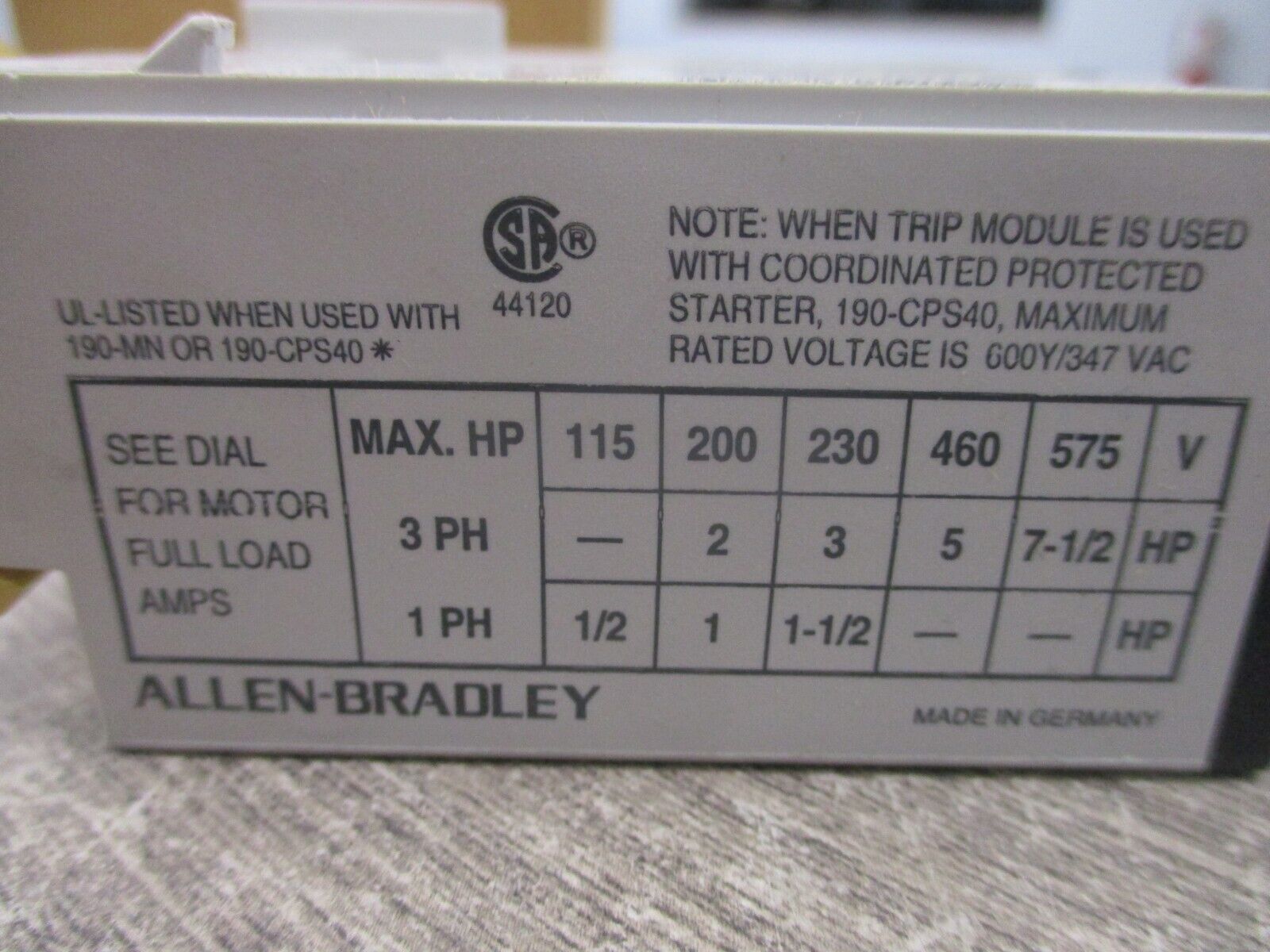 Allen-Bradley Motor Protection Trip Block 190-P100 Ser.A Trip: 6-10A New Surplus