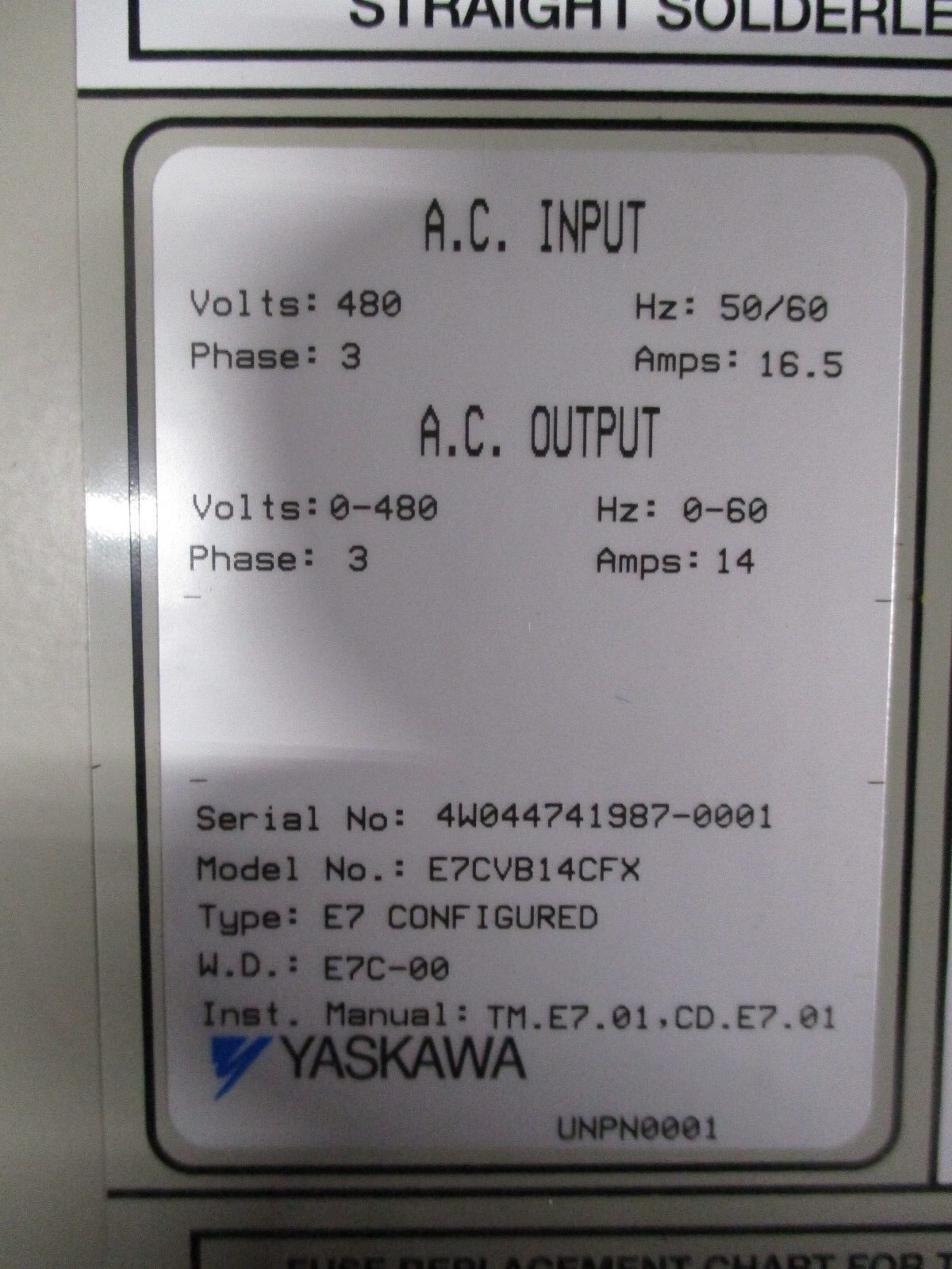 Yaskawa E7 AC Drive w/ Breaker Disconnect E7CVB14CFX 10HP 3Ph Used