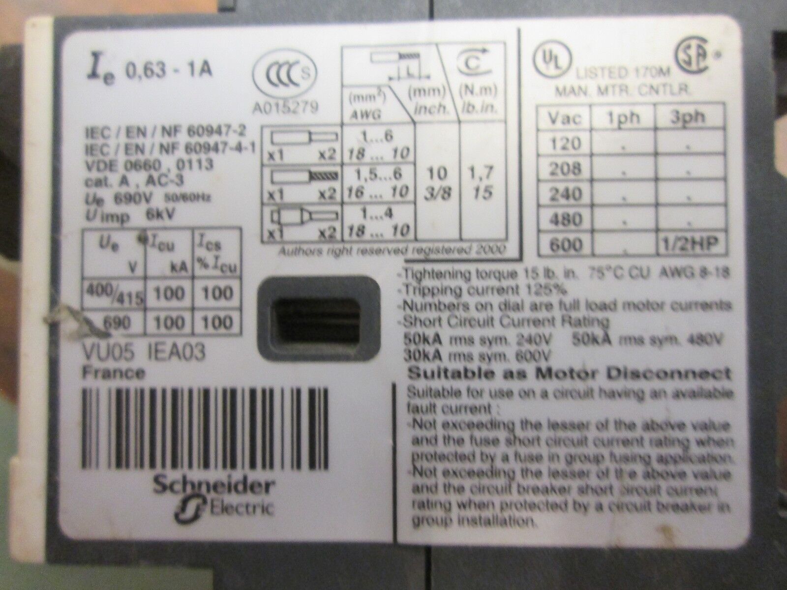 Telemecanique Manual Motor Starter GV2ME05 Range: 0.63-1A Used
