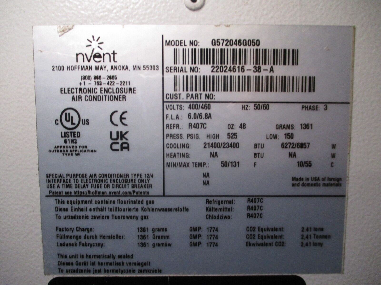 nVent Electronic Enclosure Air Conditioner G572046G050 400/460V 50/60Hz 3Ph Used