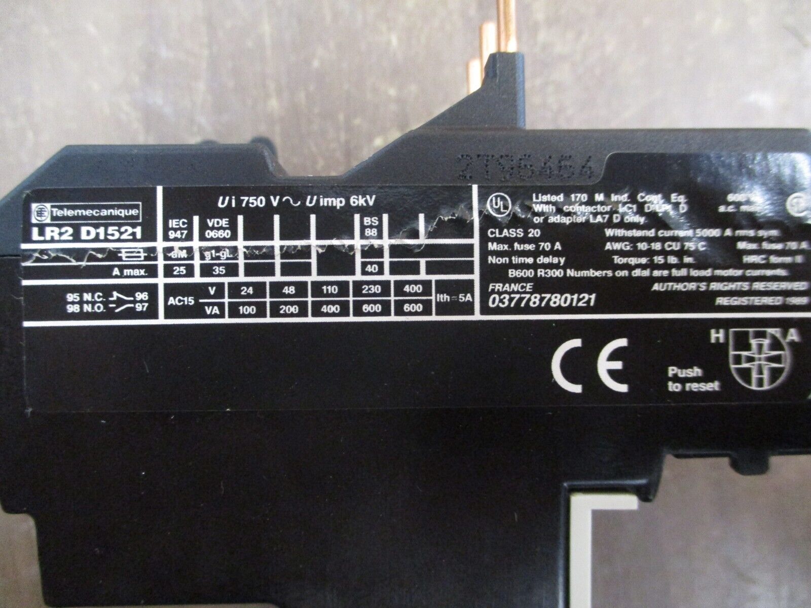 Telemecanique Solid State Overload LR2 D1521 Trip: 12-18A 600V Used