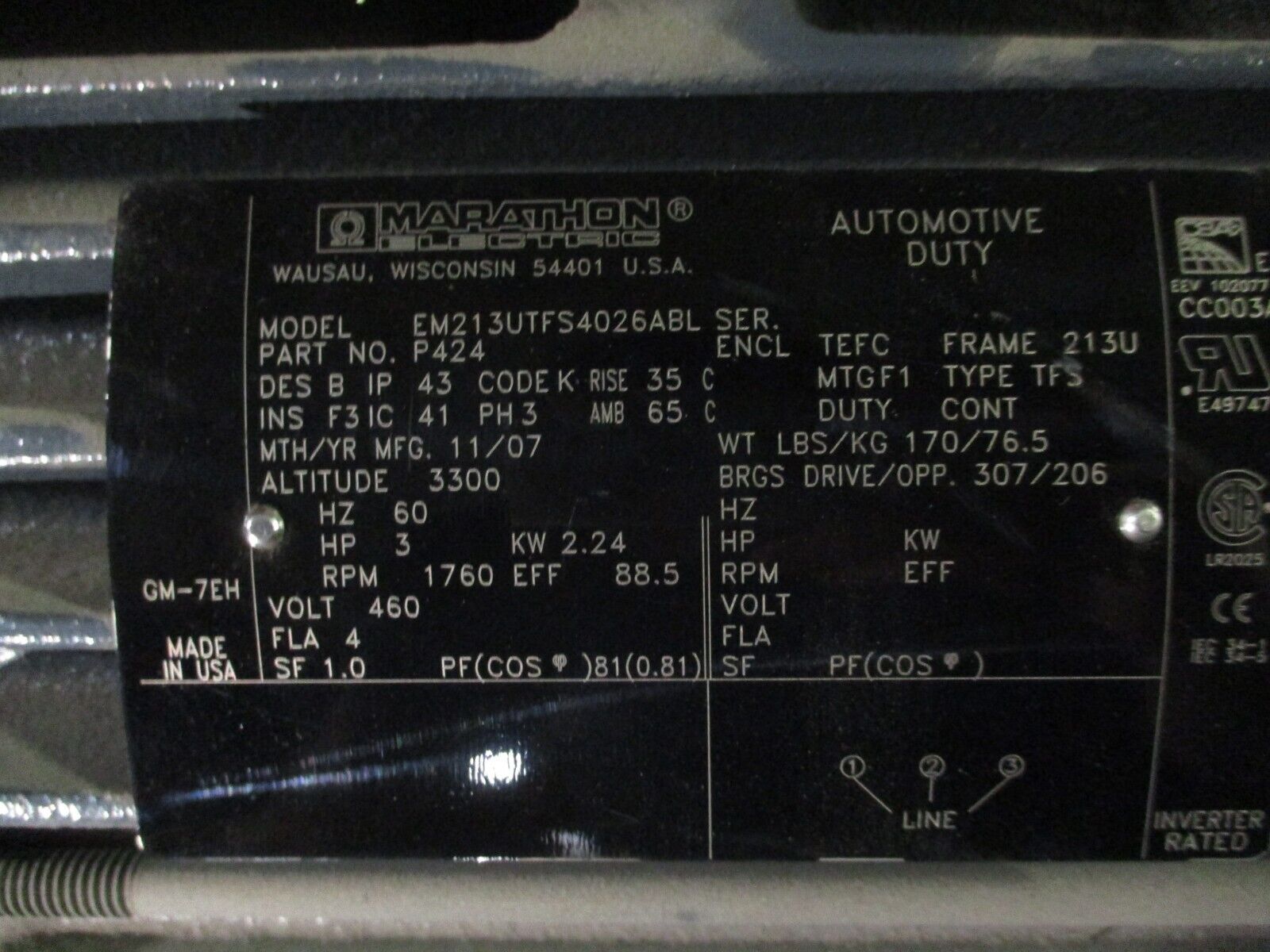 Marathon Motor P424 3HP 1800RPM 460V 4A 60Hz 3Ph *No Key* Used
