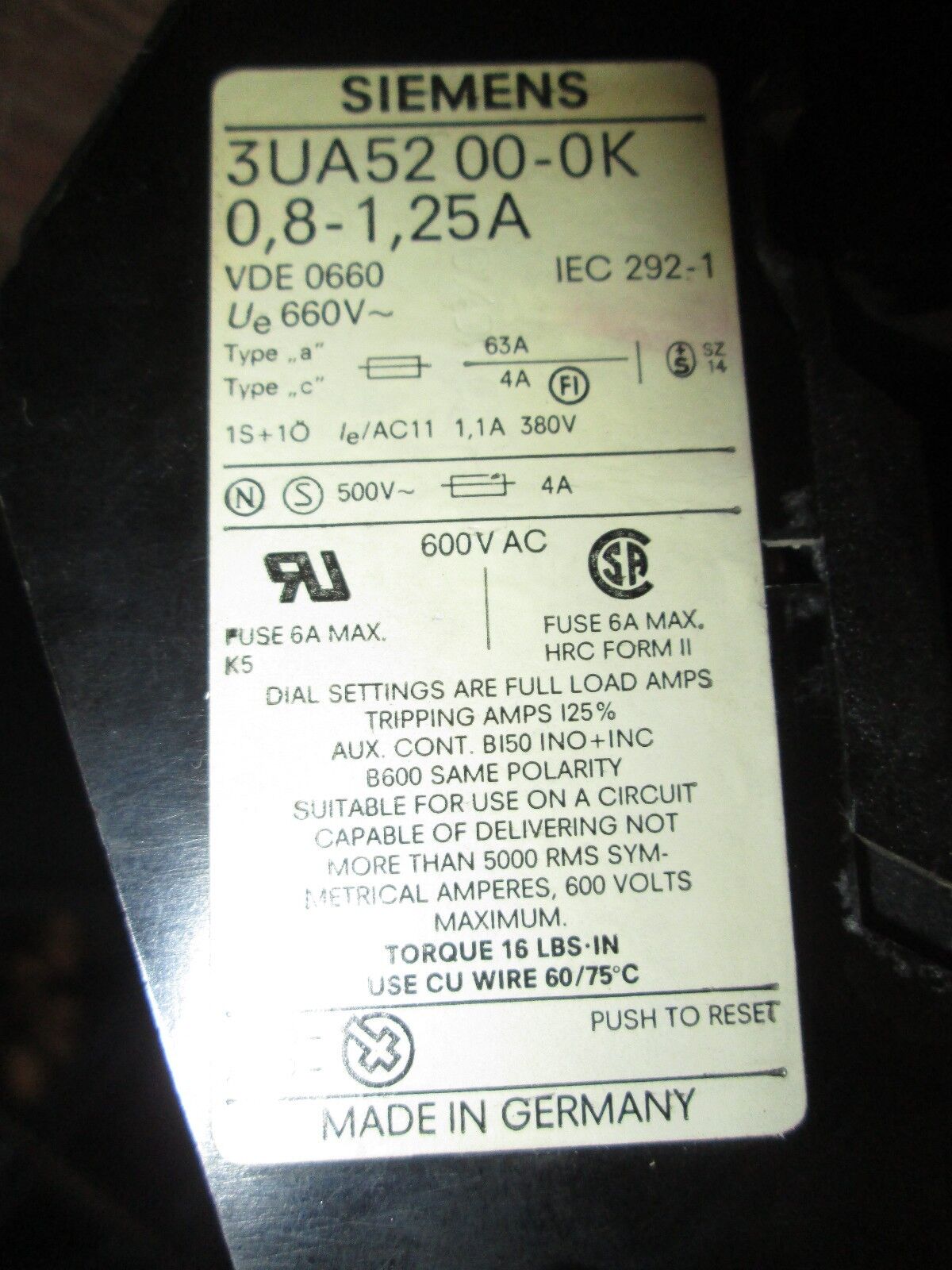 Siemens Contactor 3TB44 17-0A; 3UA52 00-0K 0,8-1,25A 120V Coil 42A 600V Used