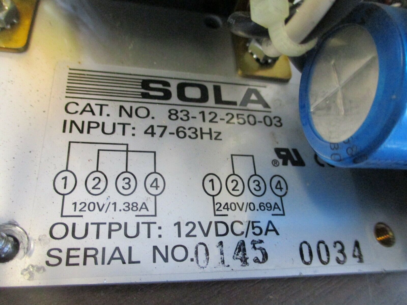 Sola Power Supply 83-12-250-03 Input: 120/240V Output: 12VDC Used