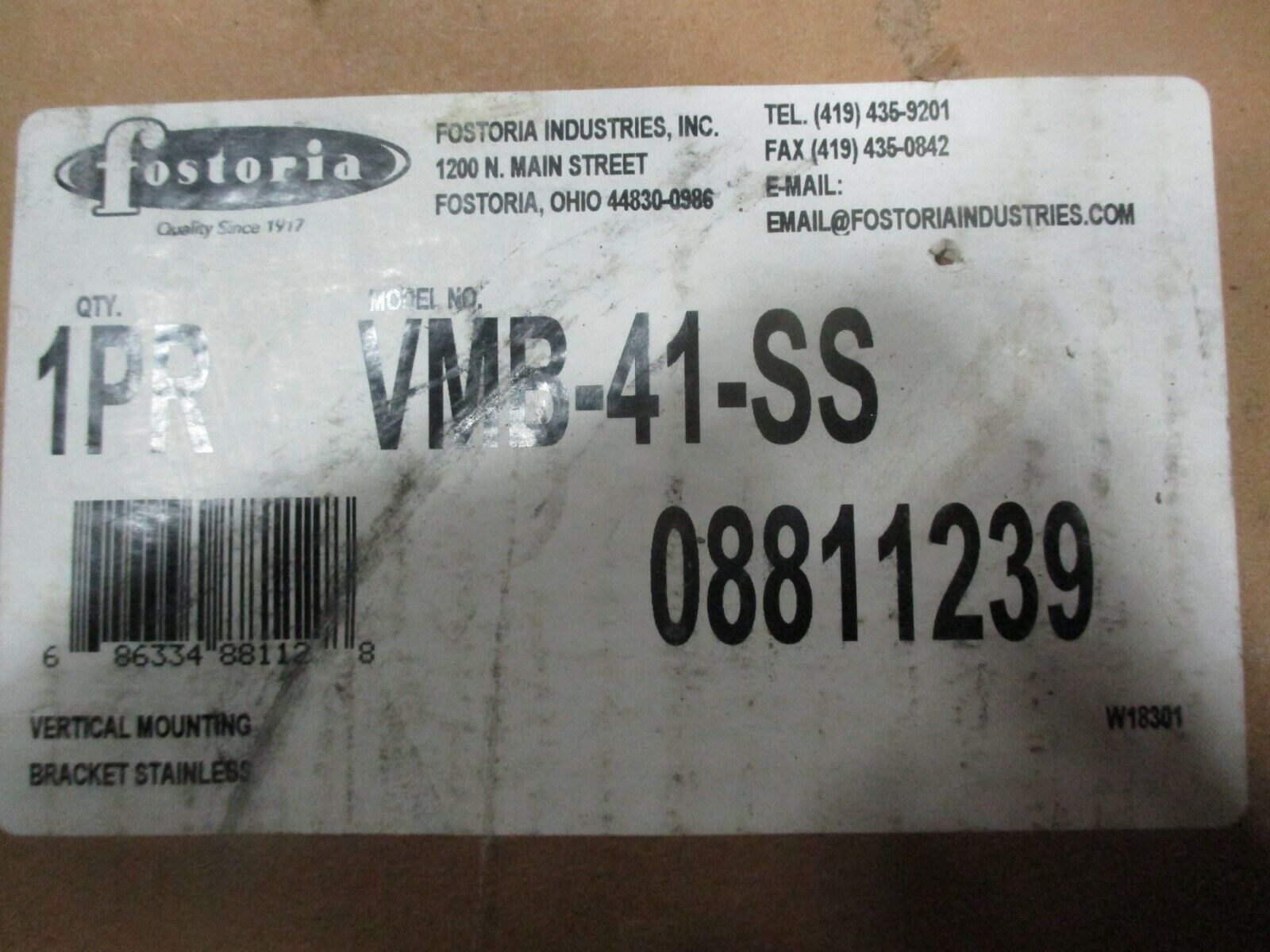 Fostoria Stainless Vertical Mounting Bracket VMB-41-SS New Surplus