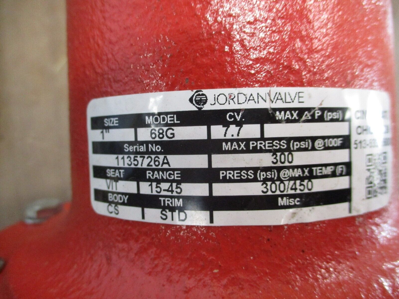 Jordan Valve Pressure Regulator 68G Size: 1" 300 PSI Max Seat: VIT Range: 15-45