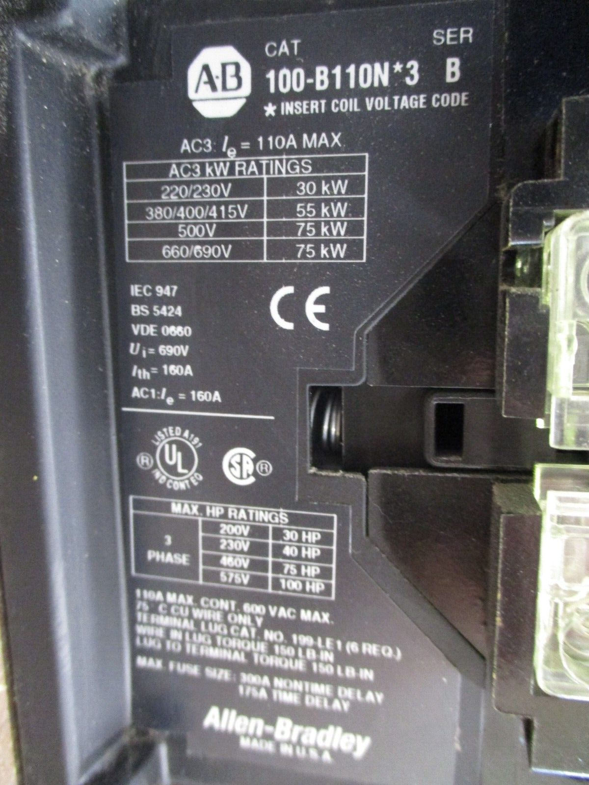 Allen-Bradley Starter 100-B110N*3 / 193-A5L4 120V Coil Trip: 66-110A 600V Used