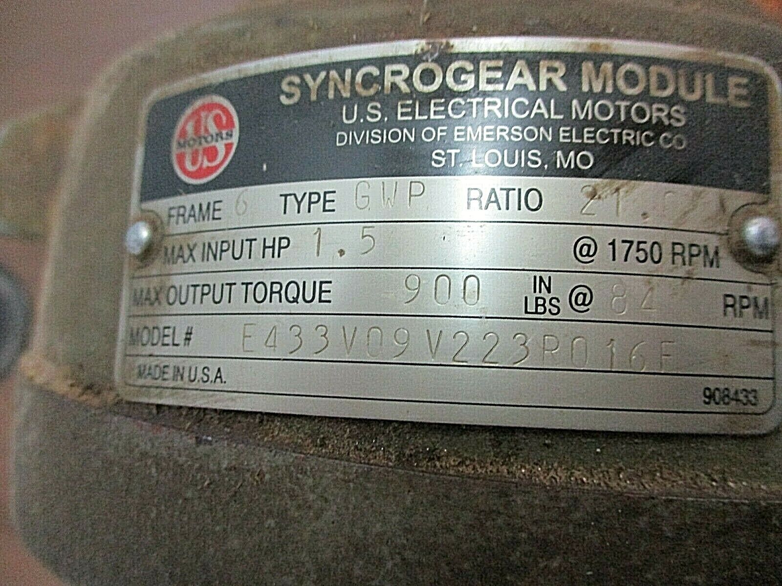 US Motors Syncrogear Module E433V09V223R016F Ratio: 21:1 1.5HP Input Used