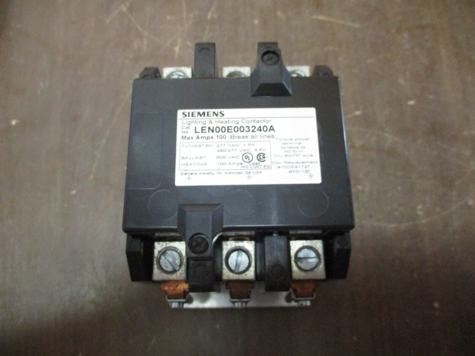 Siemens Lighting & Heating Contactor LEN00E003240A 100A 208/240V Coil Used
