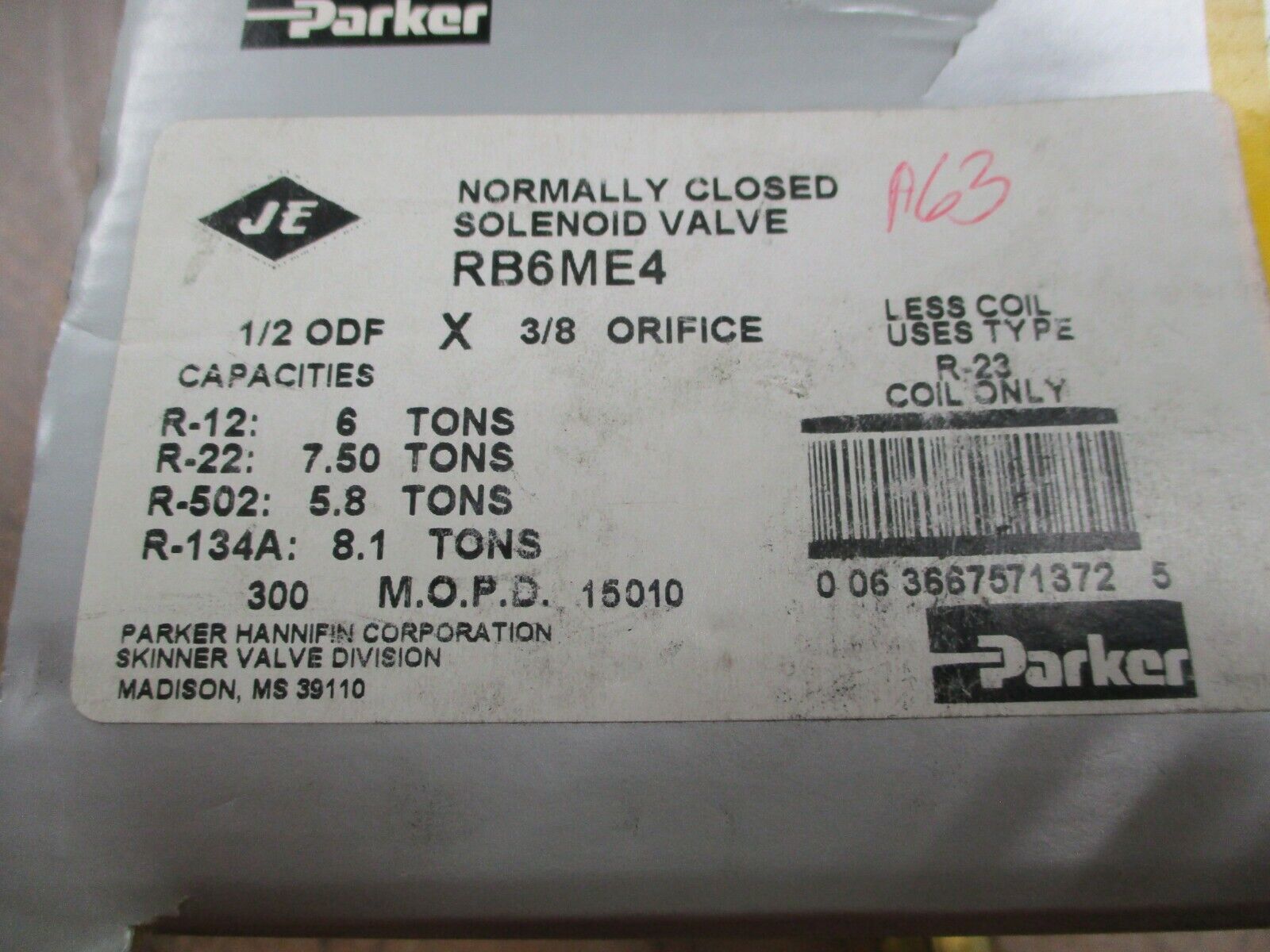 Parker Solenoid Valve RB6ME4 Normally Closed 1/2" ODF x 3/8" Orifice New Surplus