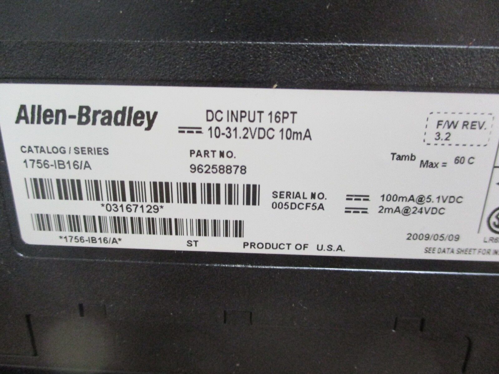Allen-Bradley DC Input Module 1756-IB16 Series A Firmware 3.2 16 pt Used