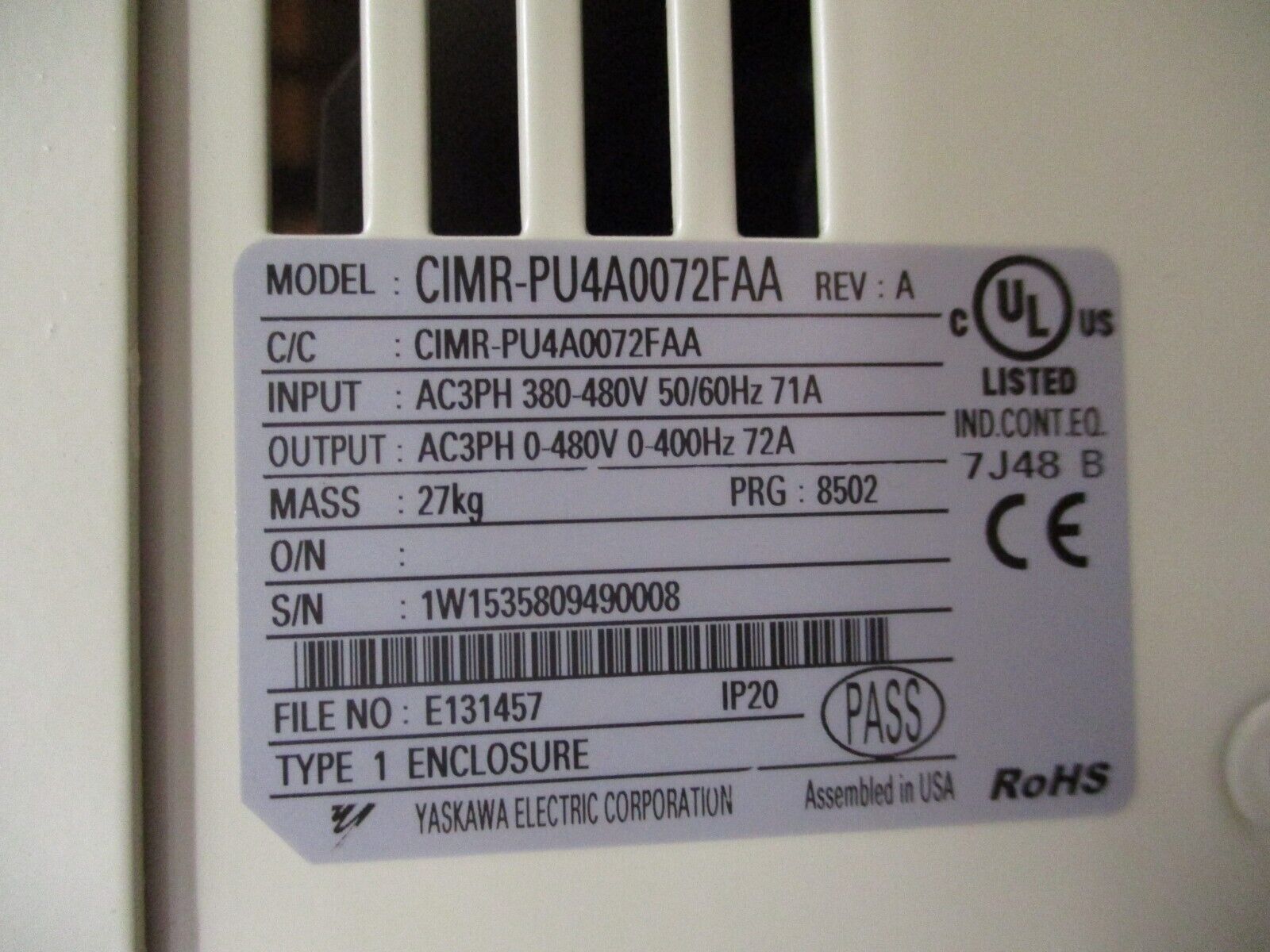 Yaskawa P1000 AC Drive CIMR-PU4A0072FAA Rev. A 50HP 3Ph w/ Keypad Used