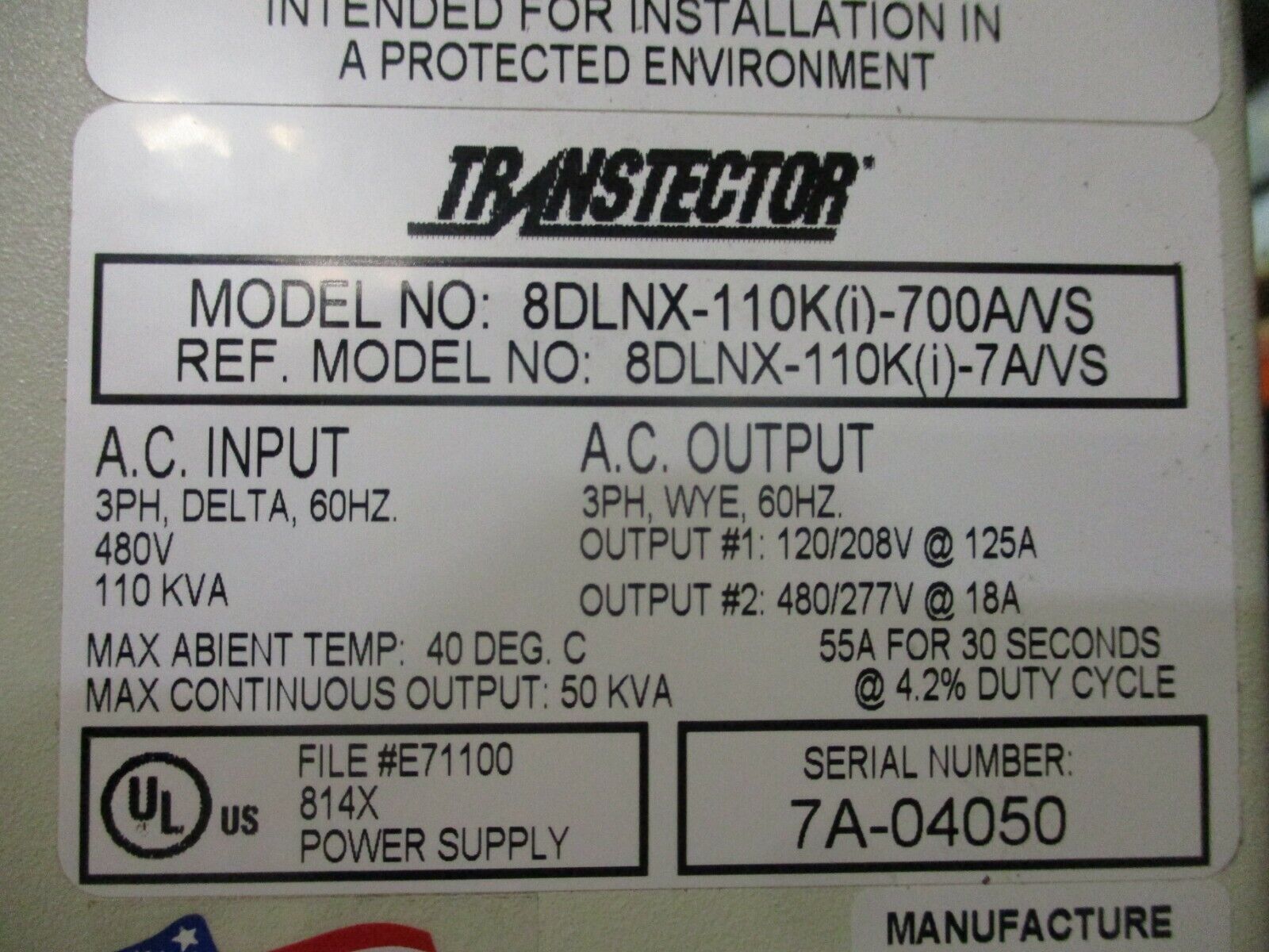 Transtector Triple Output Power Conditioner 8DLNX-110K(i)-700A/VS Used