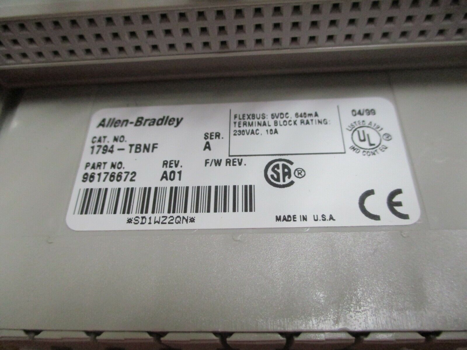 Allen-Bradley Terminal Base 1794-TBNF Ser. A Rev. A01 Used