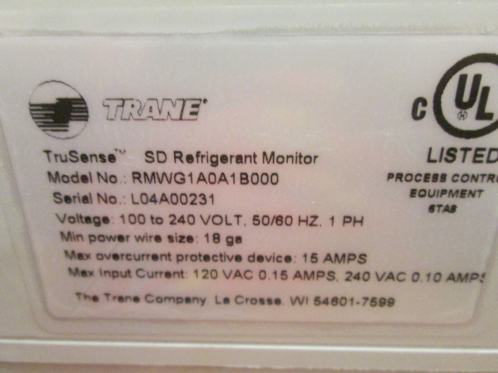 Trane TruSense SD Refrigerant Monitor RMWG1A0A1B000 100-240V 50/60Hz 1Ph Used